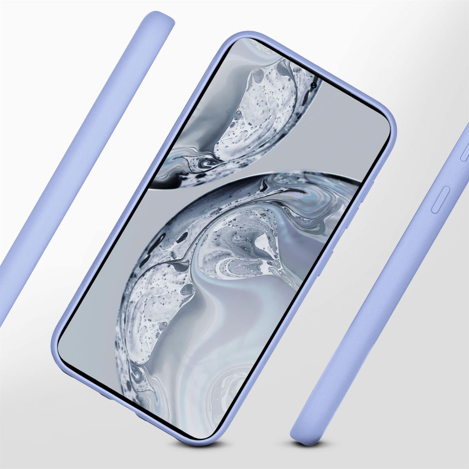 Blaue Handyhülle mit einem Telefon darin und zwei weiteren Hüllen. Text: Ultra Slim Backcover.