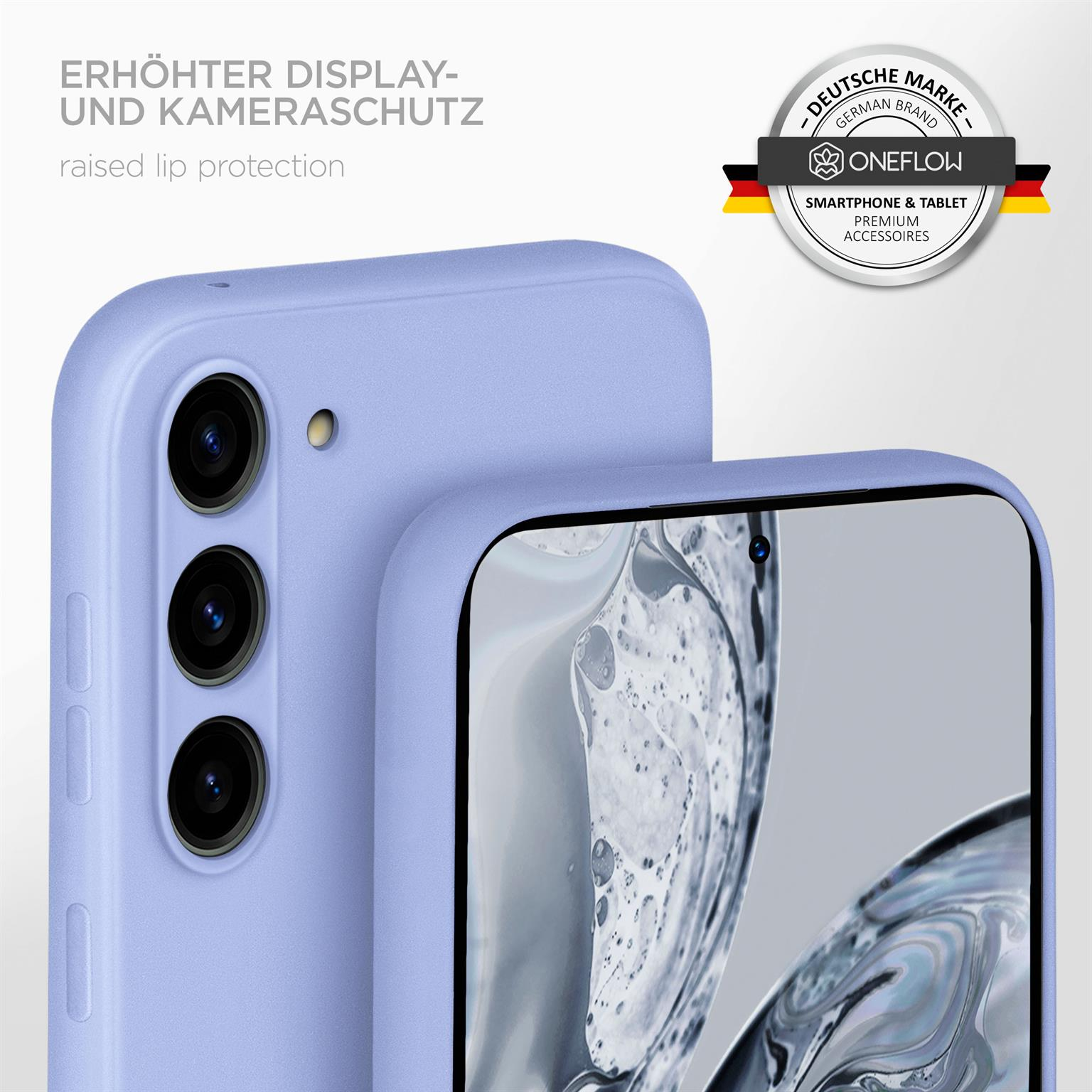 Lila Handyhülle, Nahaufnahme der Kamera, mit Text "ERHÖHTER DISPLAY- UND KAMERASCHUTZ".