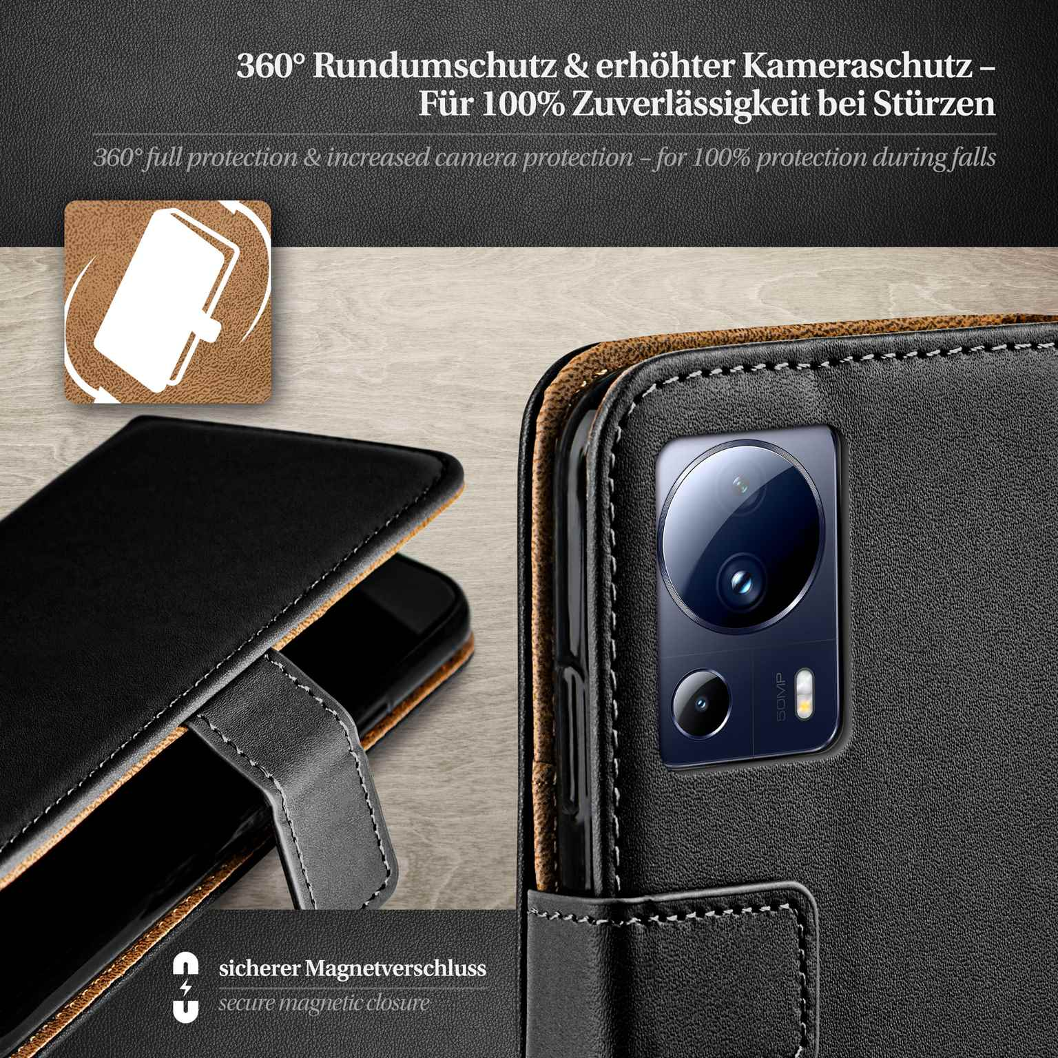 Schwarze Handyhülle mit Telefon darin, Nahaufnahme. Zeigt die Rückkamera.