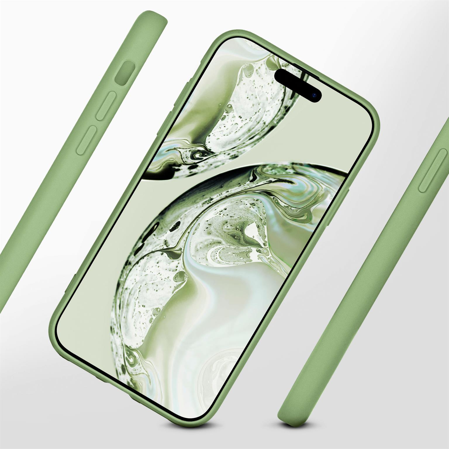 Eine grüne Handyhülle mit einem Telefon darin. Separate Gehäuseteile schweben.