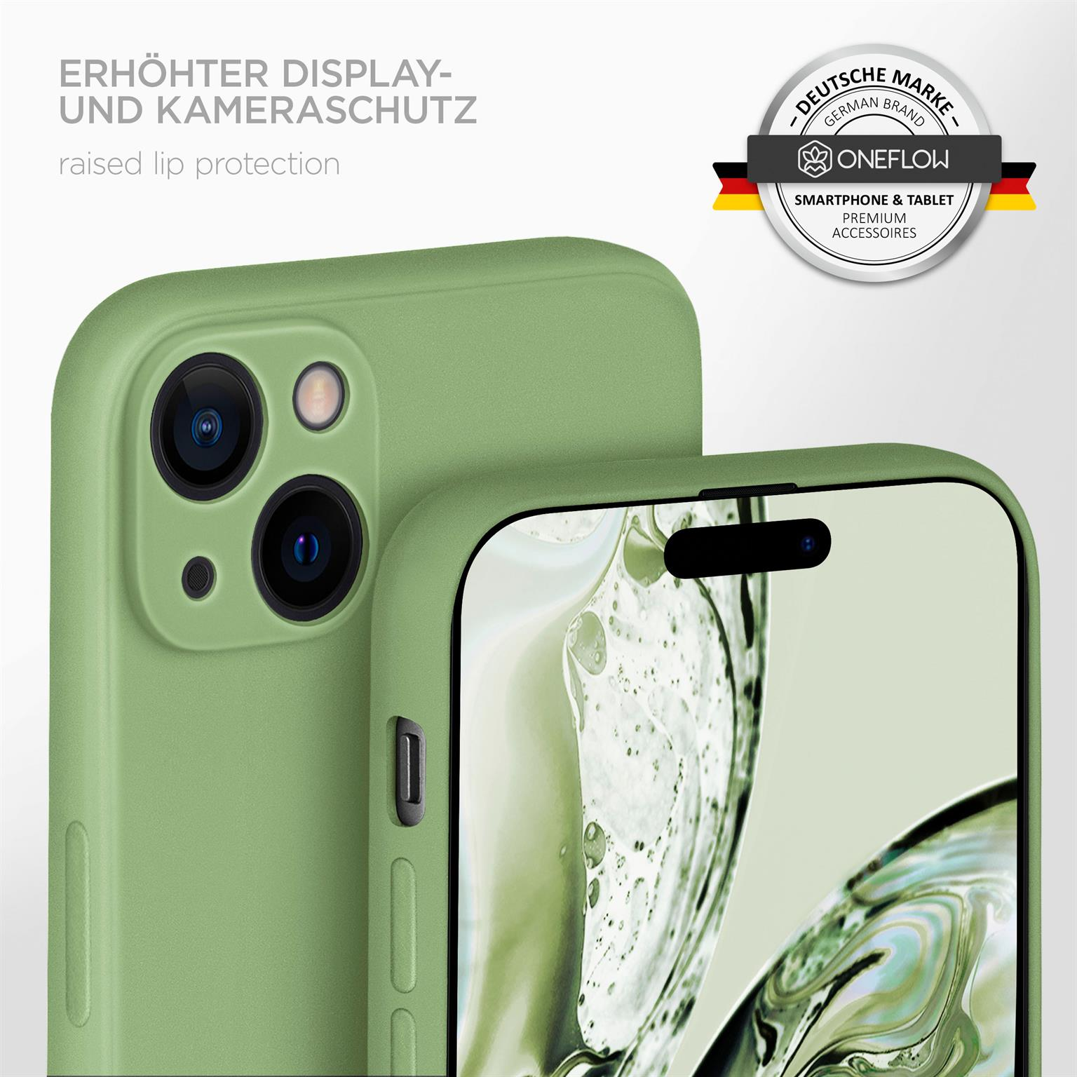 Grüne Handyhülle mit Telefon, mit erhöhtem Rand.
