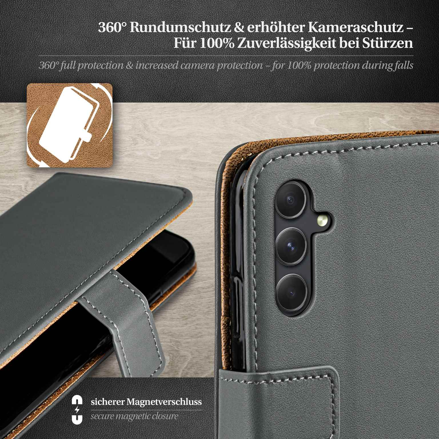 Eine graue Telefonhülle, geöffnet, mit einem Telefon. Text: 360° Rundumschutz. Sicherer Magnetverschluss.