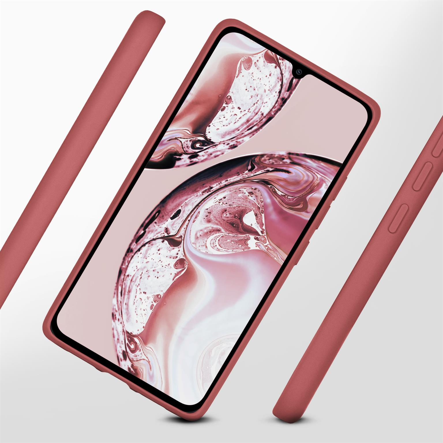 Rote Handyhülle um ein Telefon. Andere rote Objekte auf weißem Hintergrund.