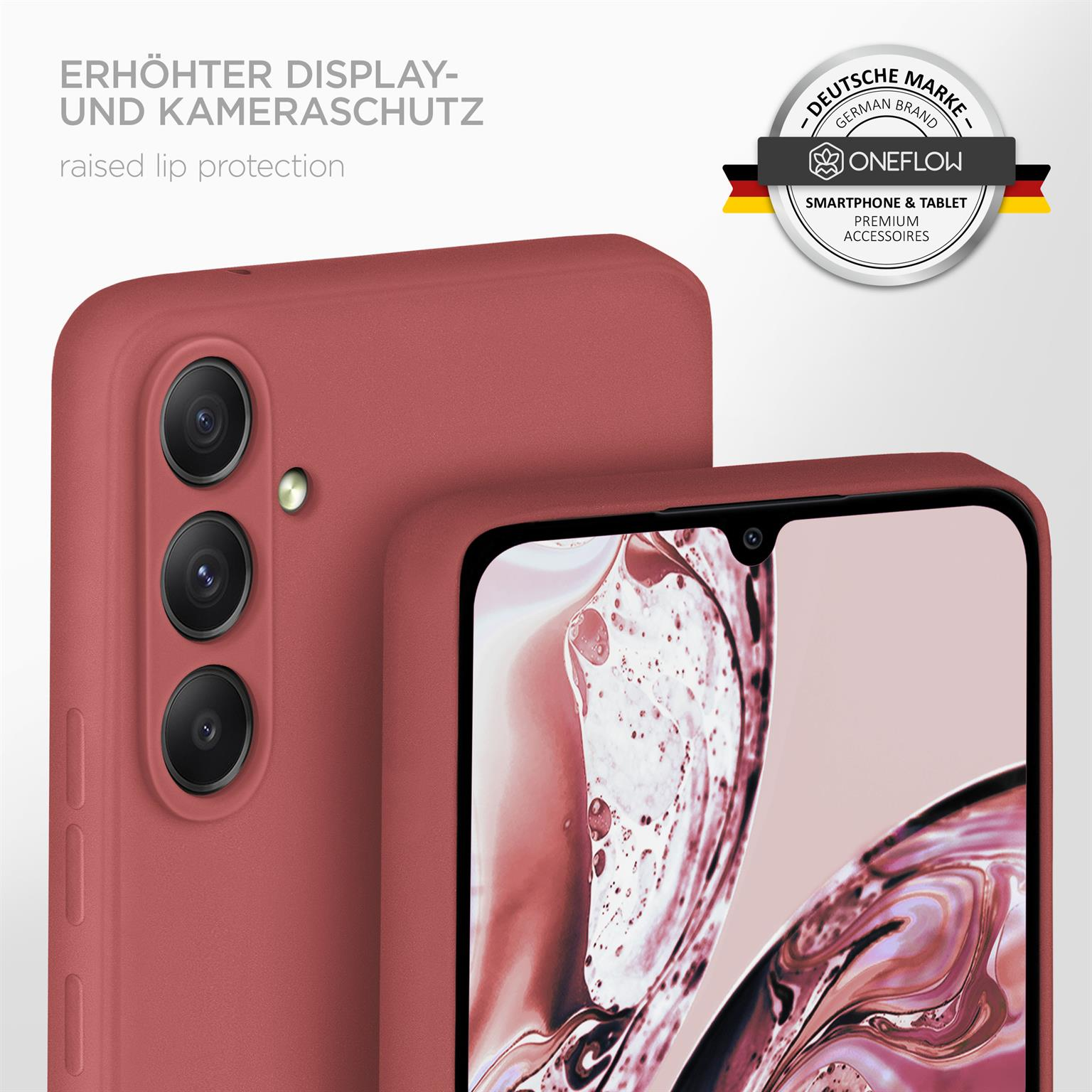 Rote Handyhülle auf einem Telefon. Telefon hat Dreifach-Kameras. Erhöhter Displayschutz.