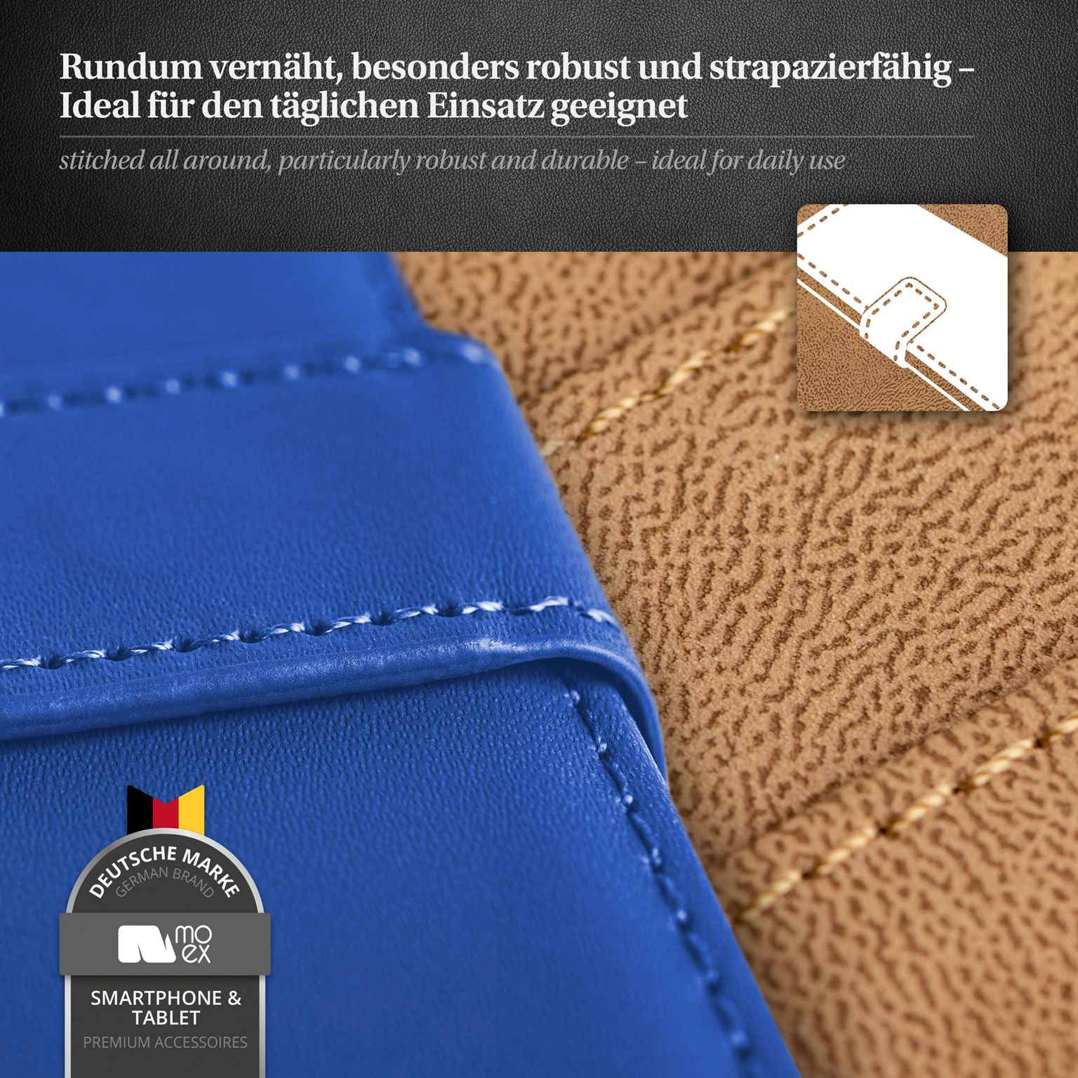 Blaue Handyhüllen-Ecke mit weißen Nähten auf brauner Lederoberfläche.