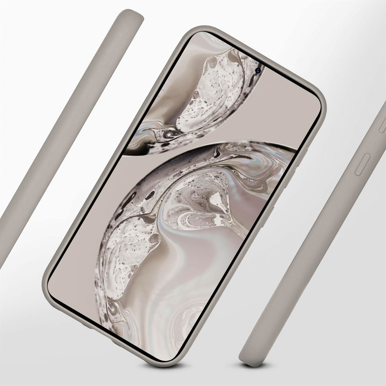 Telefon in grauem Gehäuse, Hintergrund. Das Gehäuse wirkt elegant.