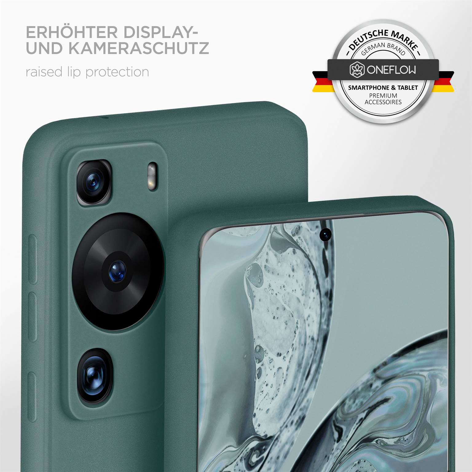 Eine grüne Handyhülle mit einem Telefon, erhöhte Lippe, mit dunkelgrünem Hintergrund.