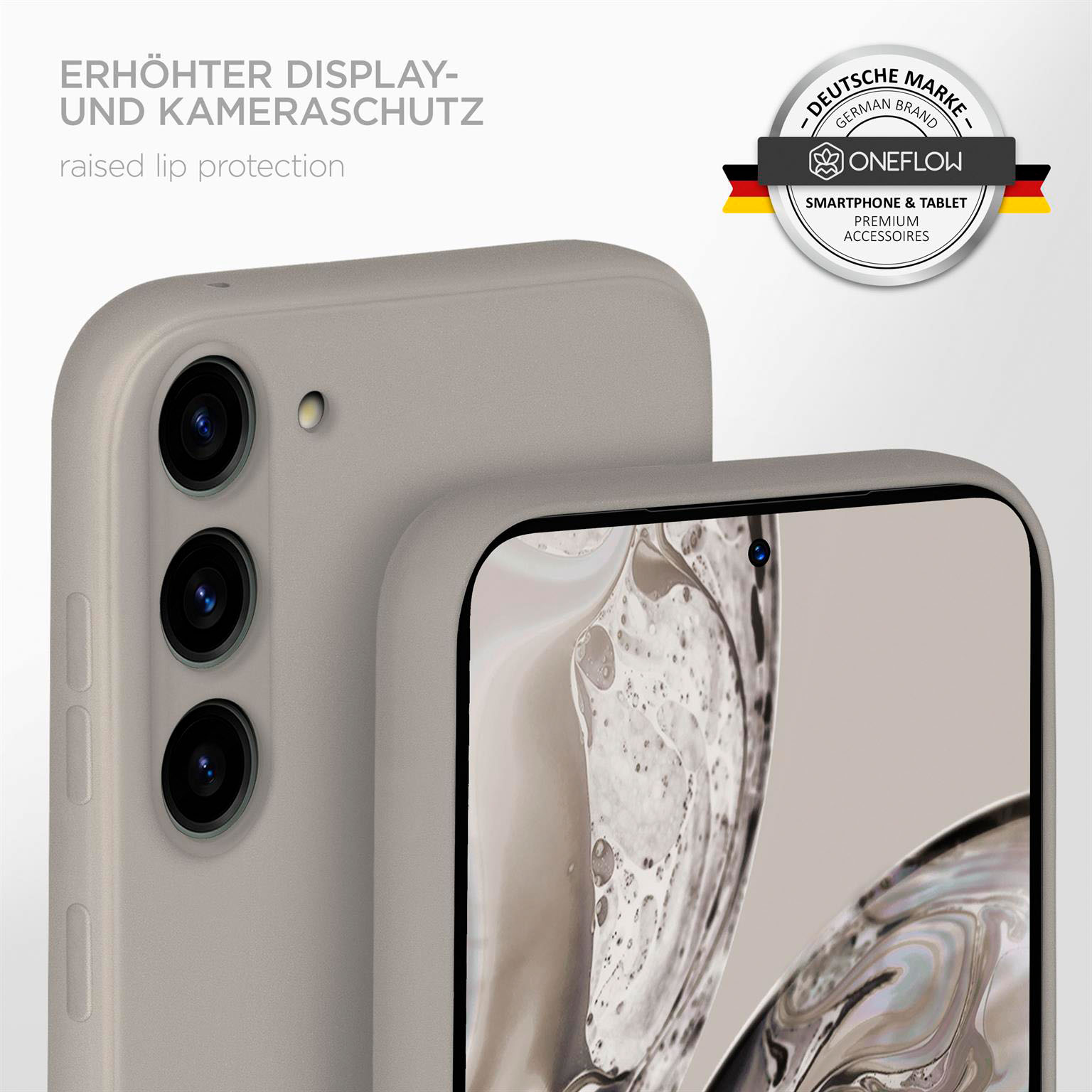Eine Handyhülle mit erhöhtem Kantenschutz und Kameraschutz. Graue Hülle auf einem Telefon.