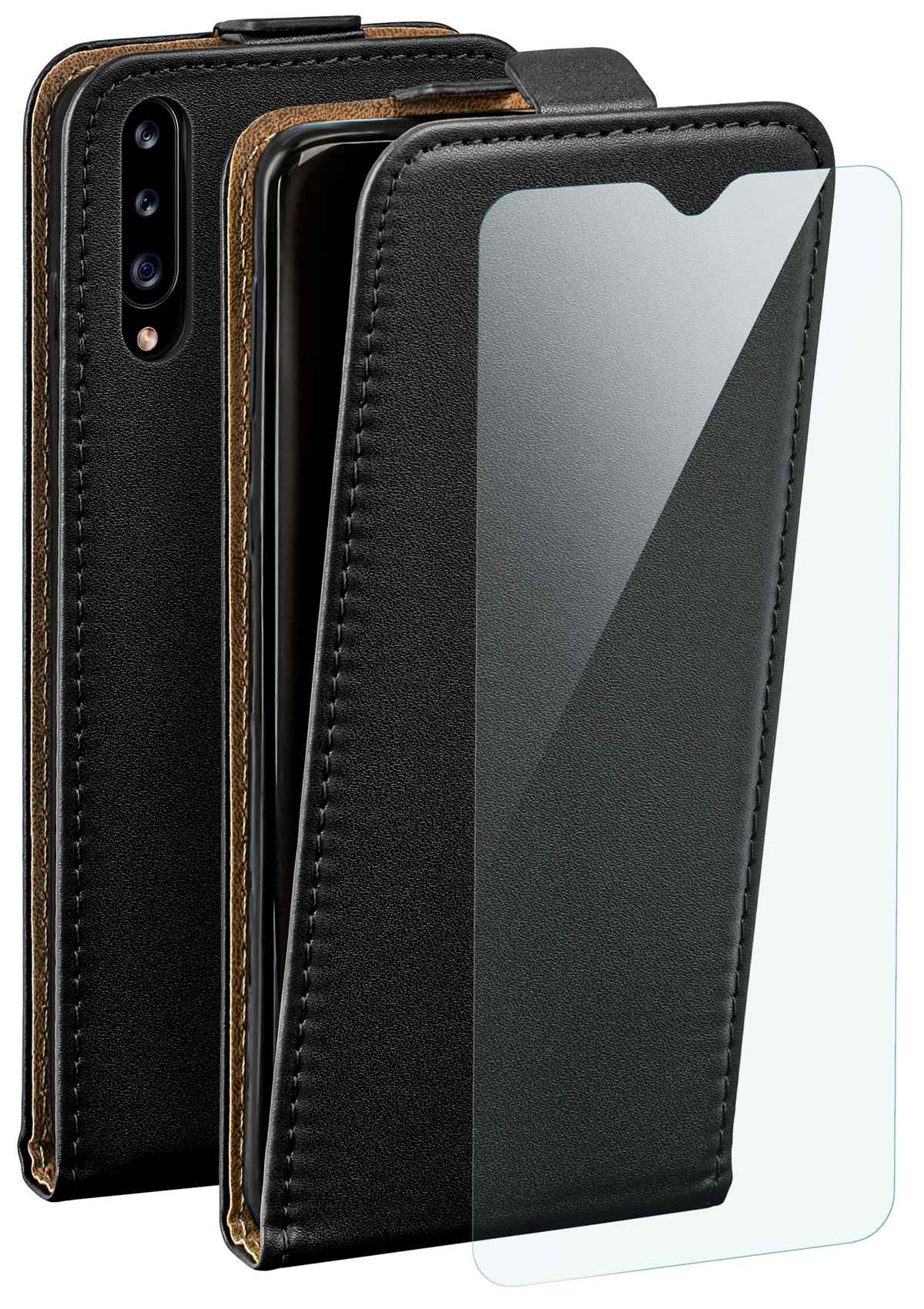 Schwarzes Telefon in einer schwarzen Lederhülle. Ein Displayschutz ist sichtbar.