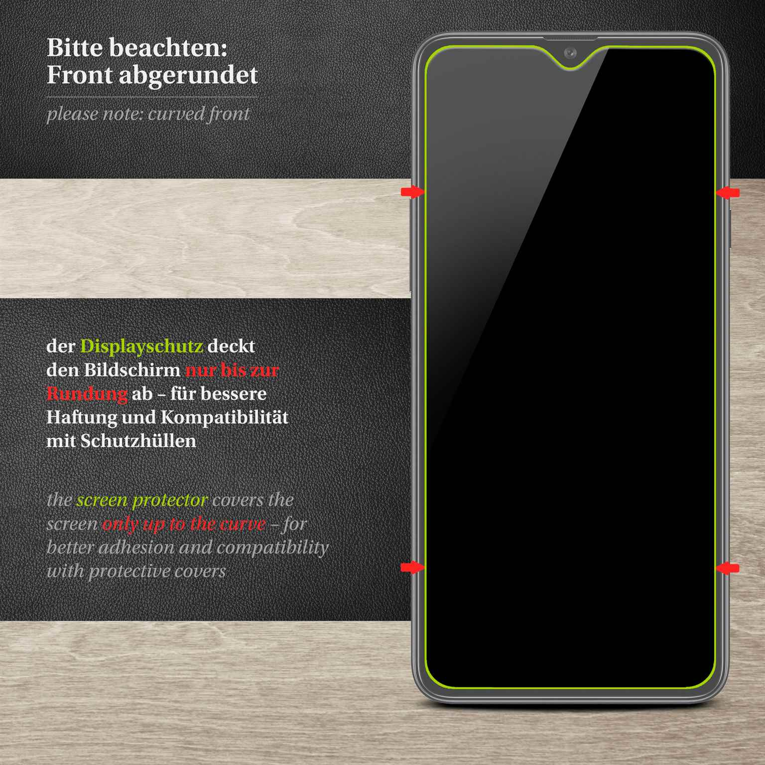 Displayschutz auf einem Telefon. Schwarzer Bildschirm. Rote Linien, gebogene Kante. Holz Hintergrund.