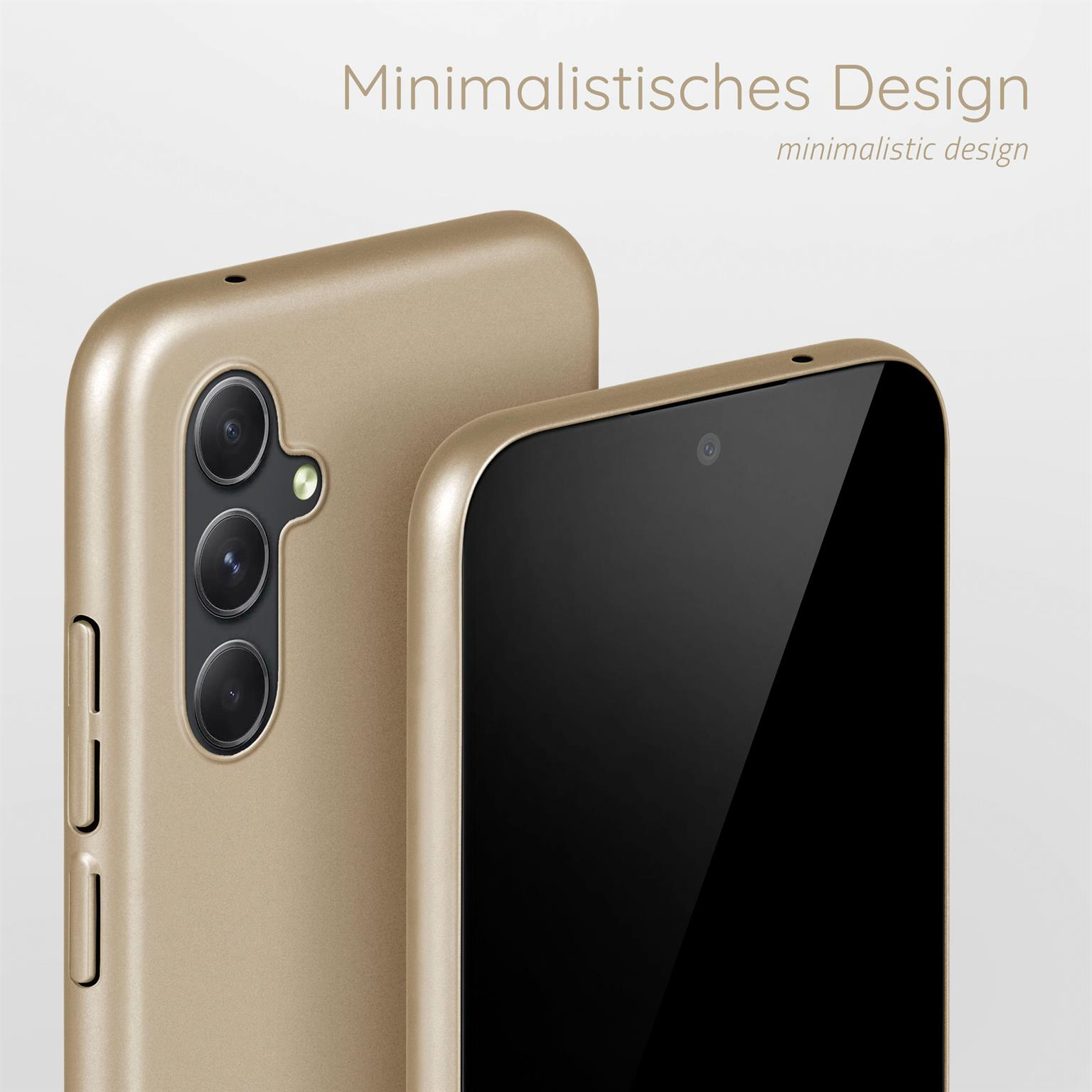 Zwei goldene Telefone mit minimalistischem Design. Das Telefon rechts zeigt den schwarzen Bildschirm.