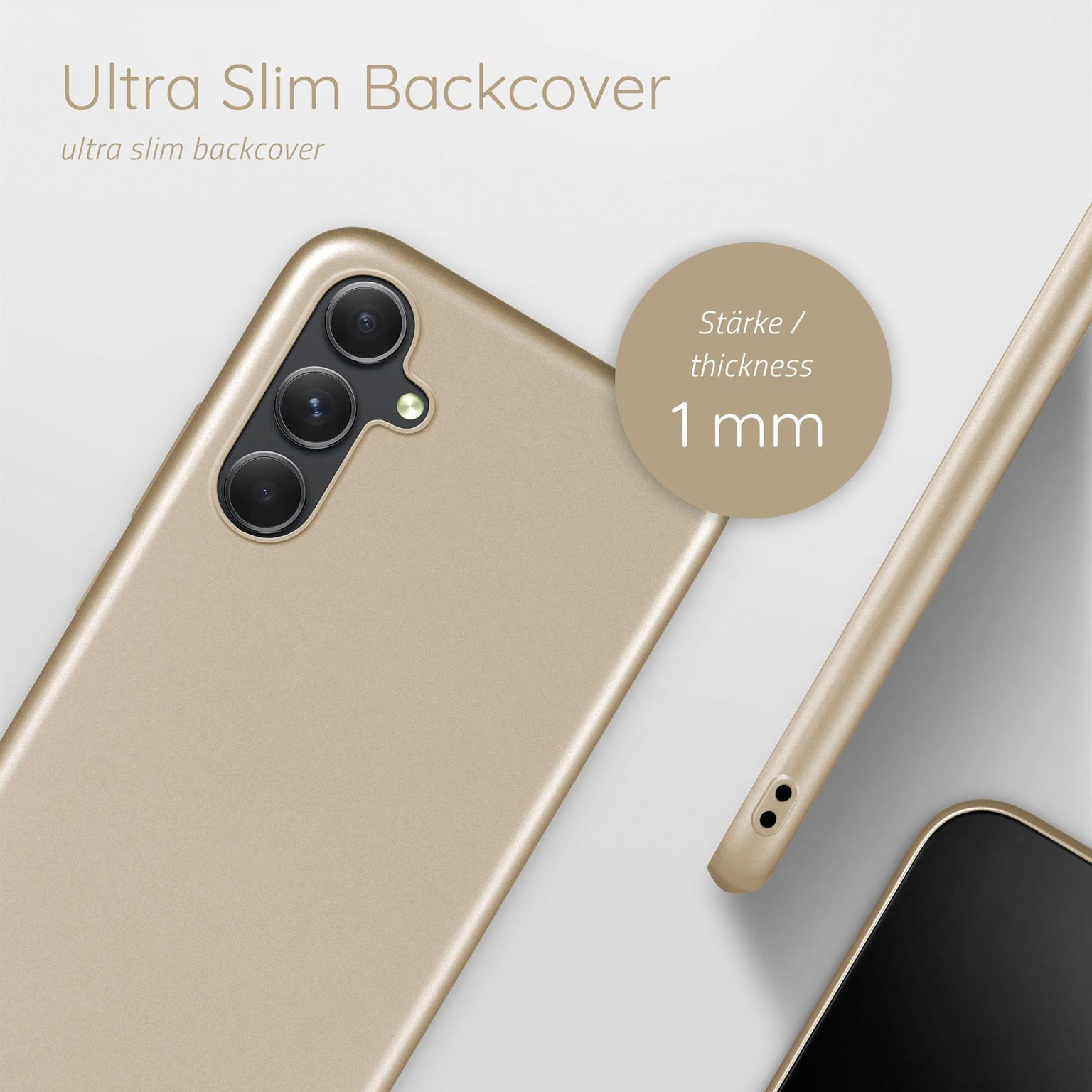 Eine goldene Handyhülle zeigt die Dicke von 1 mm. Die Hülle liegt auf einer Oberfläche mit einem schwarzen Telefon.