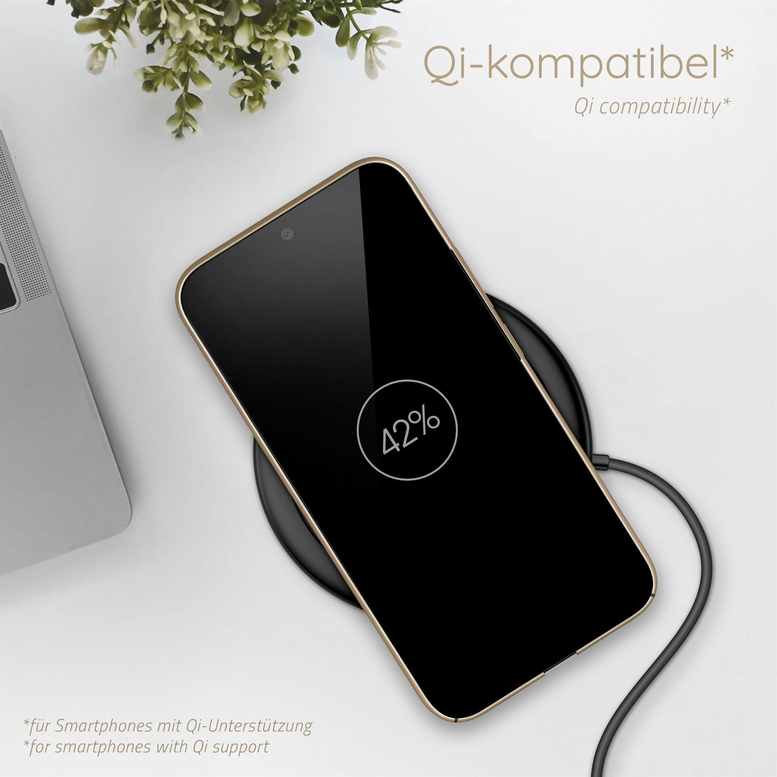 Schwarzes Telefon auf kabellosem Ladegerät, zeigt 42 % Akku. Eine kleine Pflanze ist im Hintergrund.