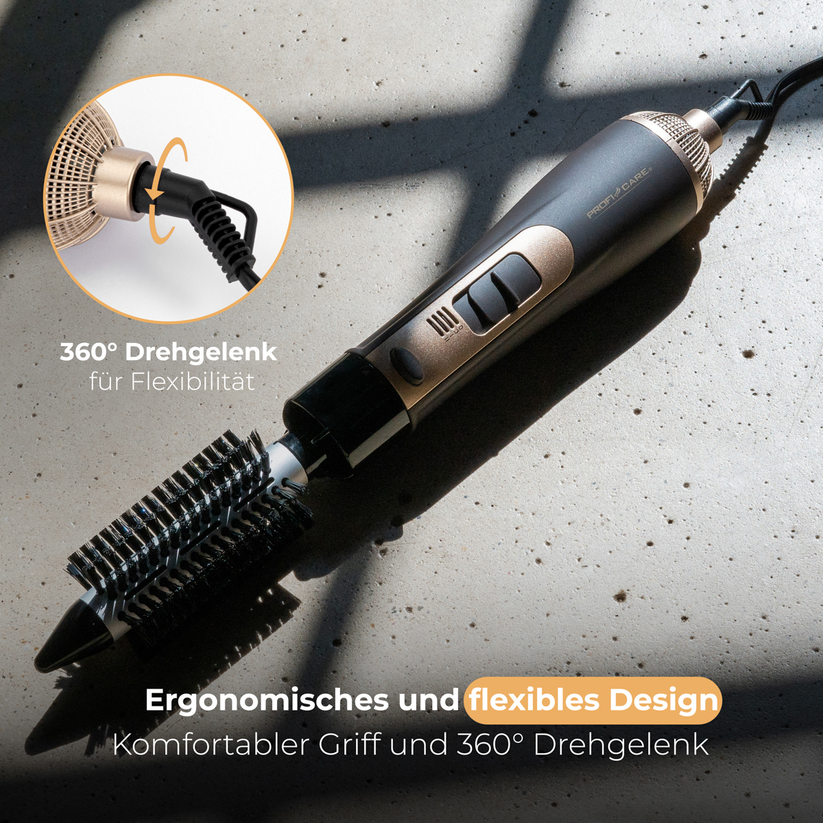 Stylizator do włosów z obrotową szczotką, czarny i złoty. Pokazuje ergonomiczny design i elastyczne funkcje.