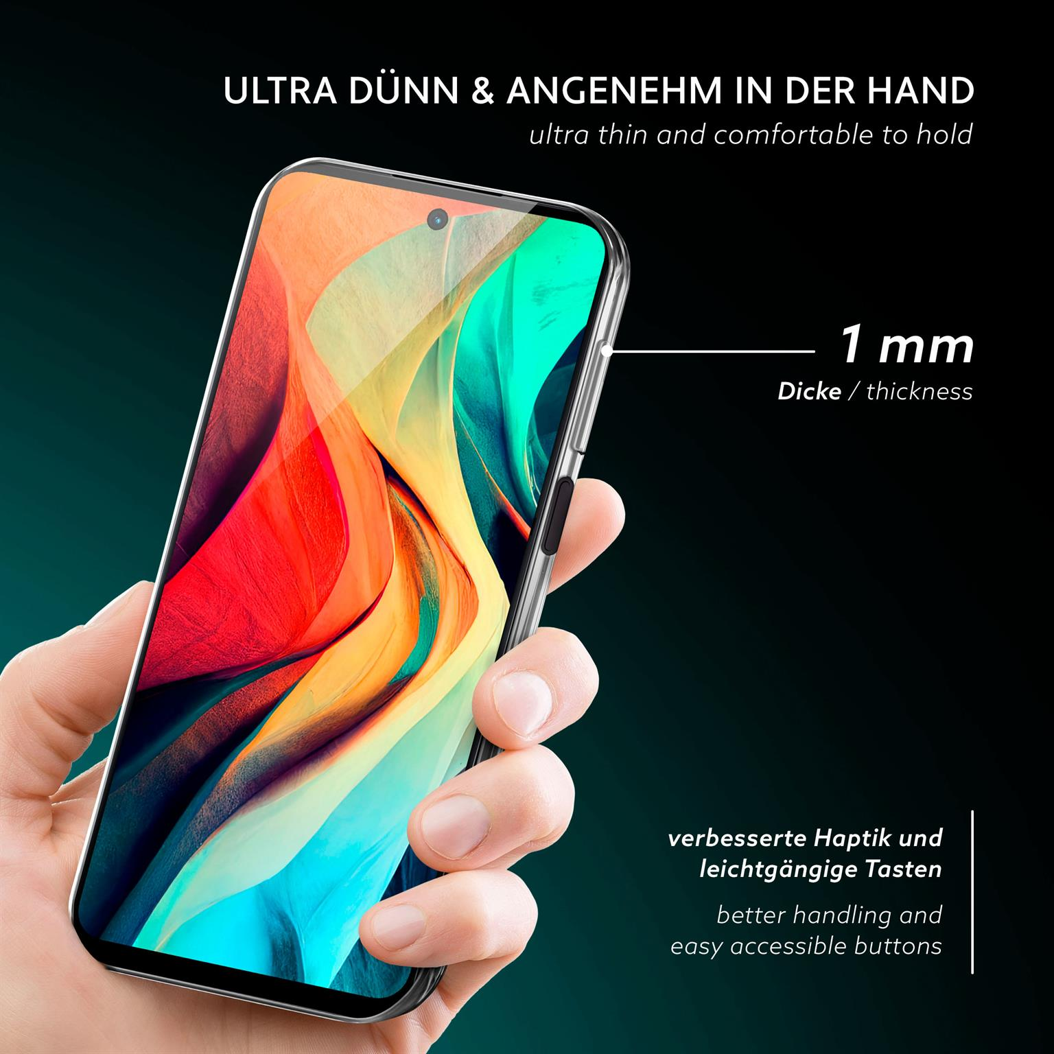 Eine Hand hält ein Telefon mit einer durchsichtigen Hülle. Der Bildschirm zeigt ein farbenfrohes Design.