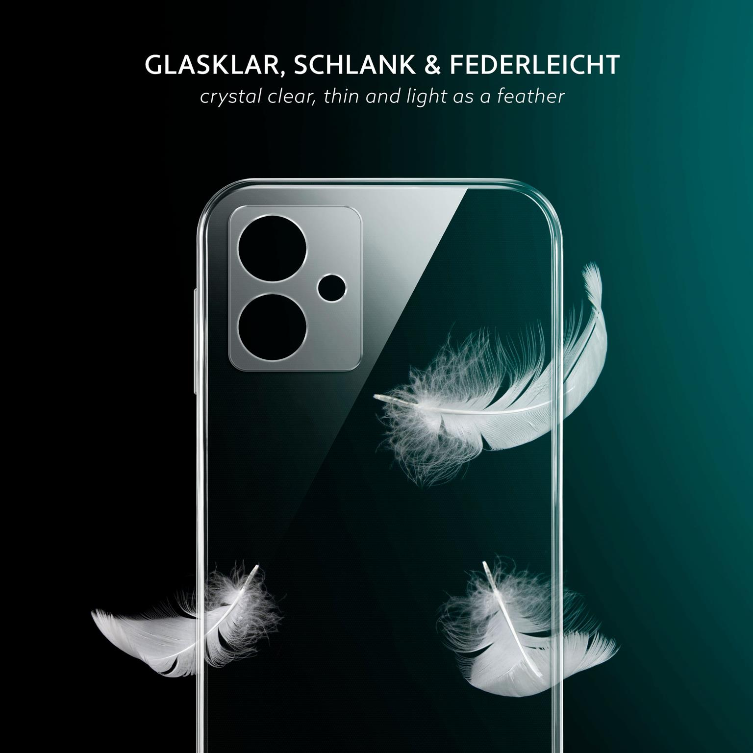 Eine transparente Handyhülle mit schwebenden Federn. Der Hintergrund ist dunkel.