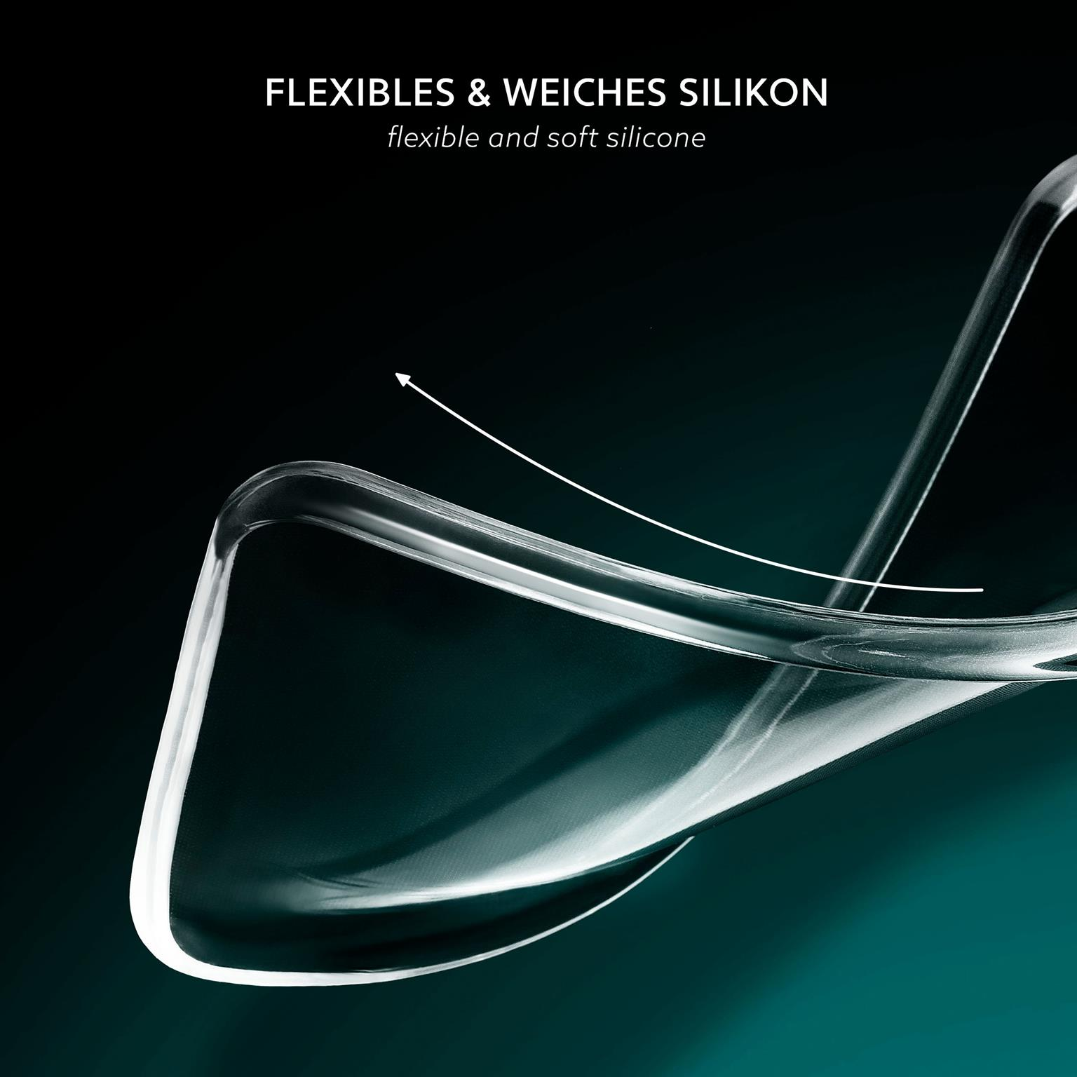 Transparente Handyhülle mit geschwungenem Design. Ein Pfeil zeigt Flexibilität an. Hintergrund ist türkis.