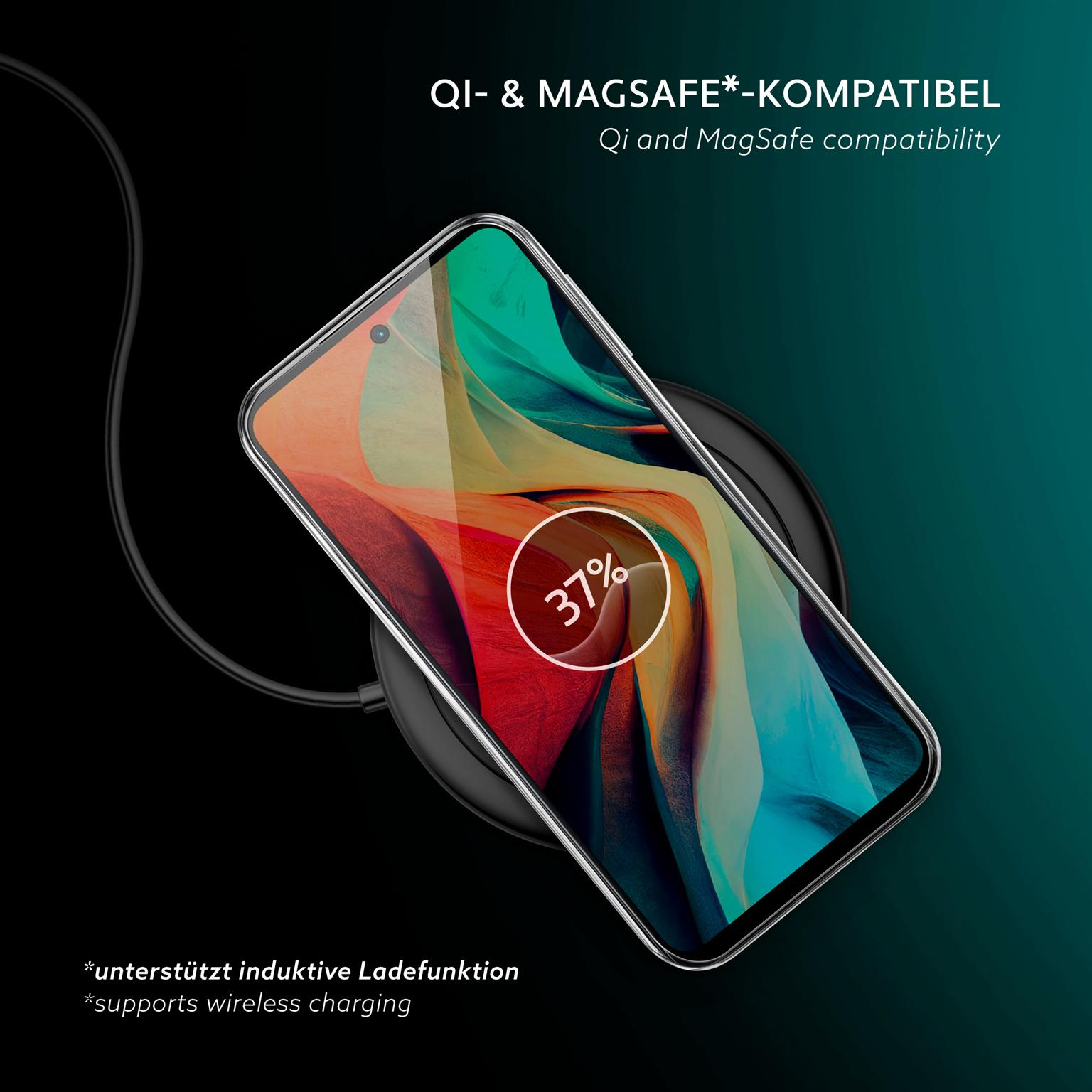 Schwarzes Telefon auf kabellosem Ladegerät mit 37% Akku. Hintergrund: Farbverlauf von Teal zu Schwarz.