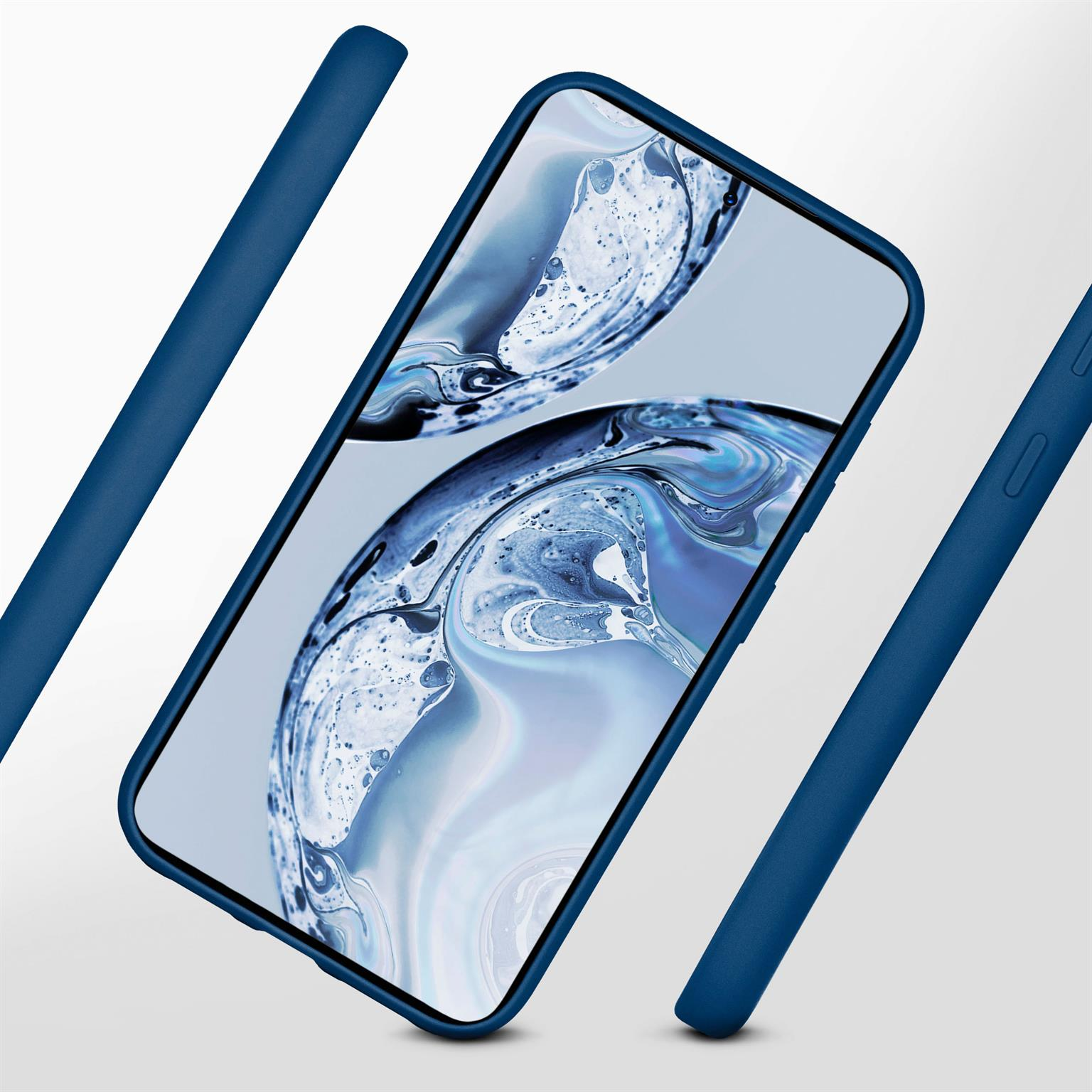 Eine blaue Handyhülle, mit einem Telefon darin, angewinkelt. Zusätzliche Teile sind sichtbar.