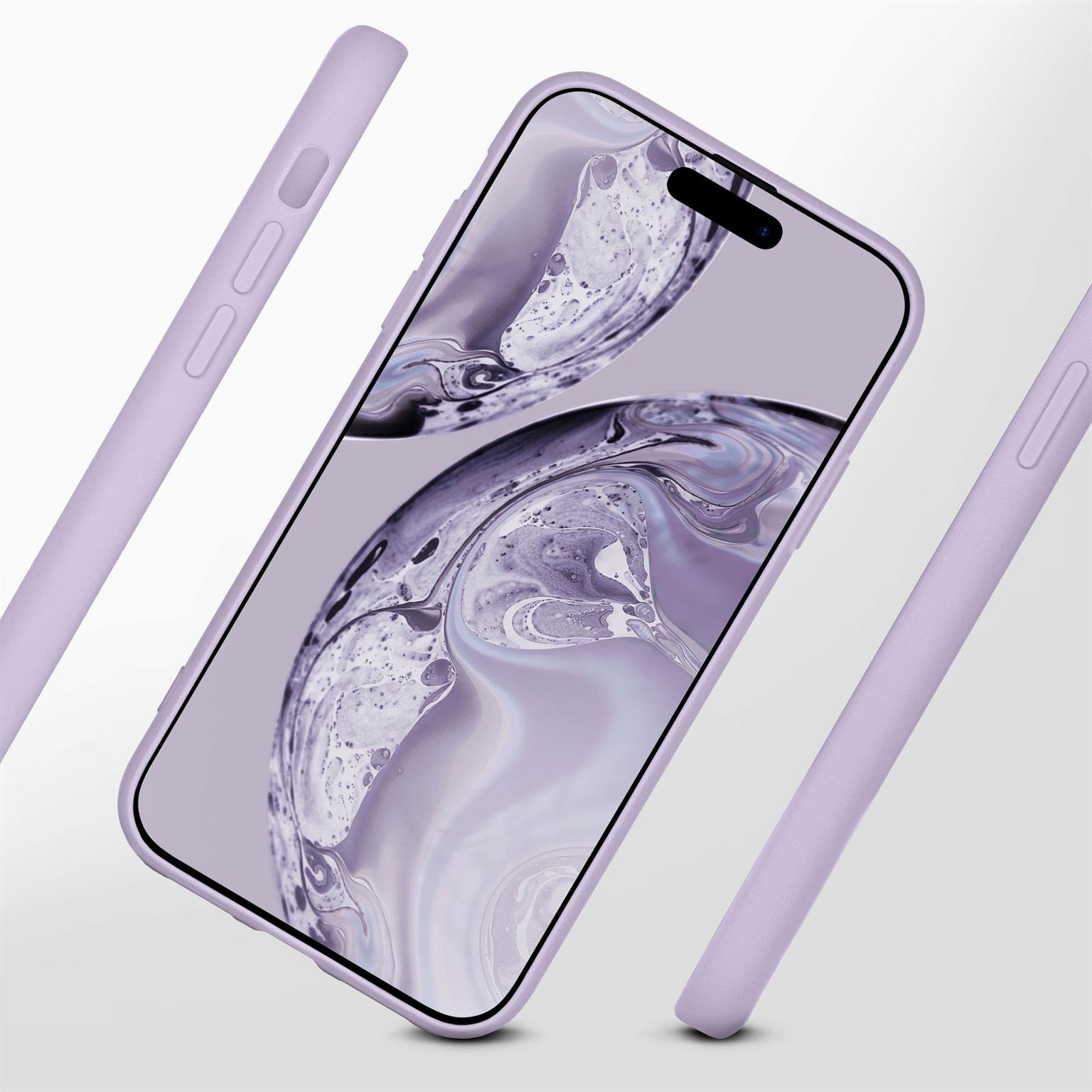 Ein lila Telefon in einer lila Hülle. Andere lila Accessoires sind um das Telefon herum.