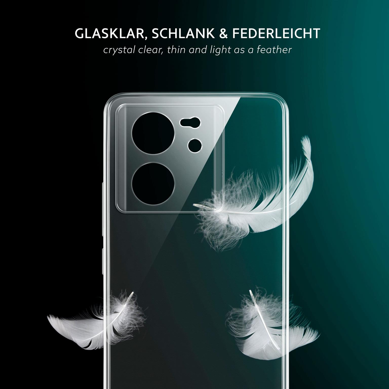Transparente Handyhülle mit Federn. Der Hintergrund ist ein Farbverlauf von Dunkeltürkis bis Schwarz.