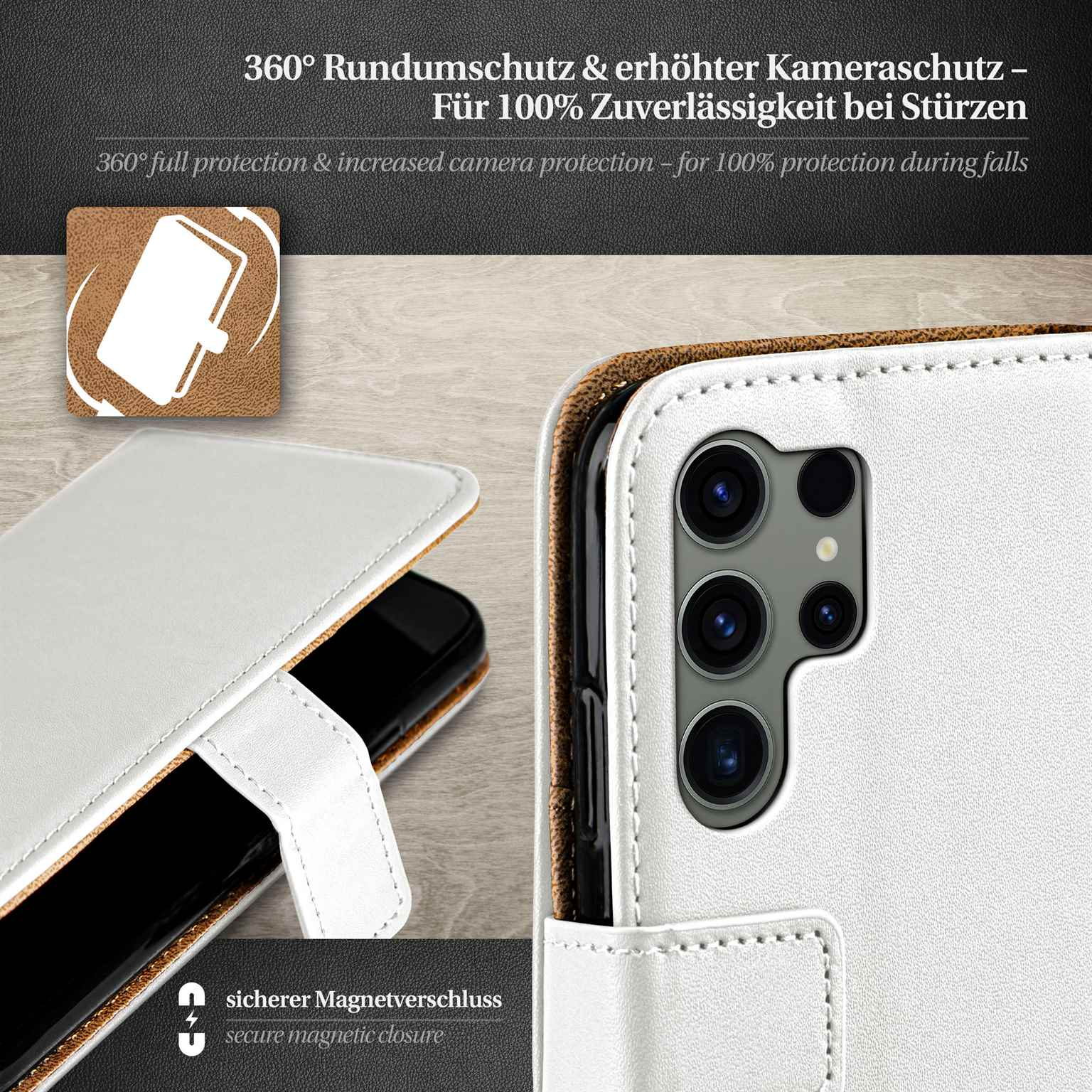 Weiße Handyhülle mit einem Telefon darin. Teil einer braunen Hülle, mit Magnet verschlossen.