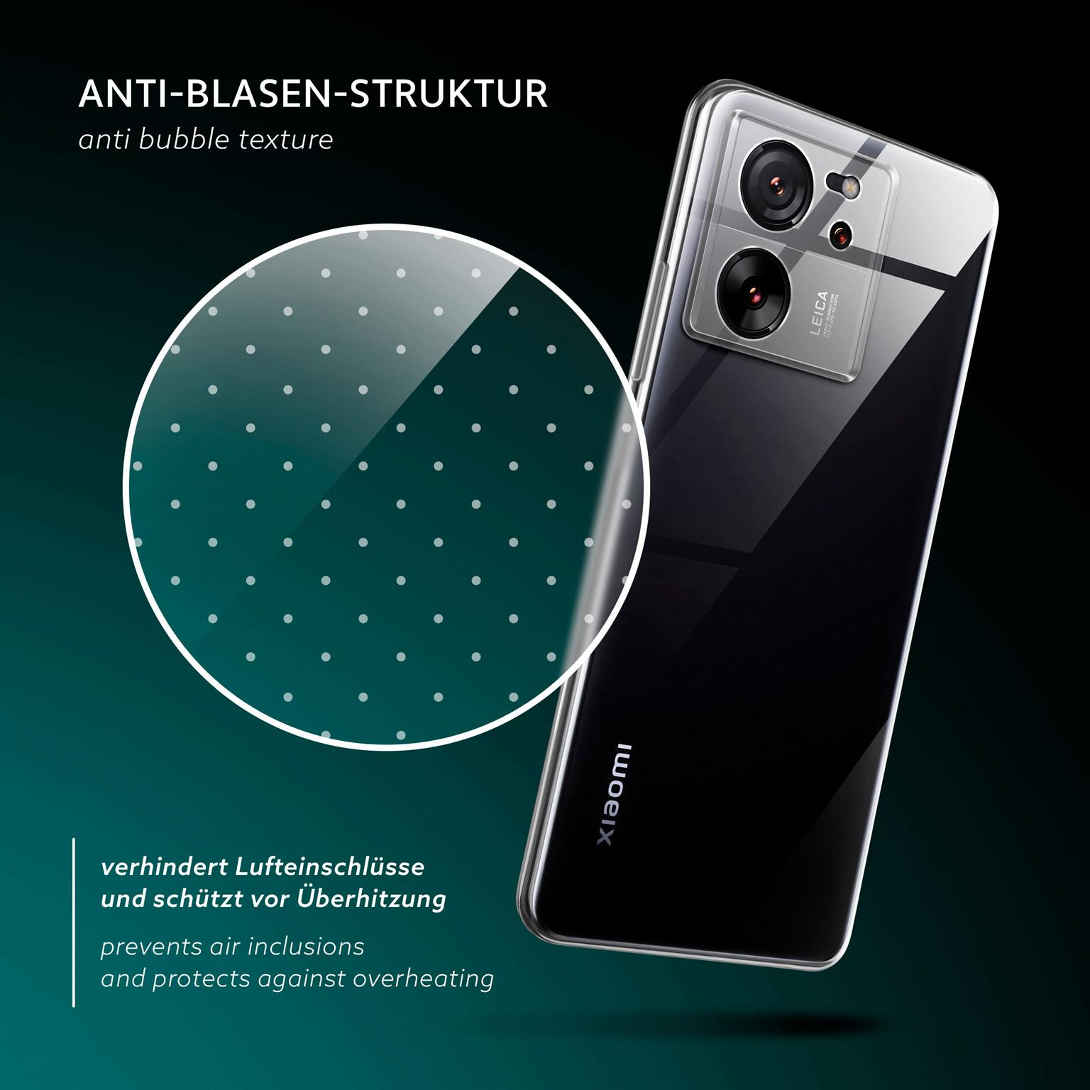 Klare Handyhülle auf einem schwarzen Telefon. Die Hülle hat eine Anti-Blasen-Textur mit weißen Punkten.