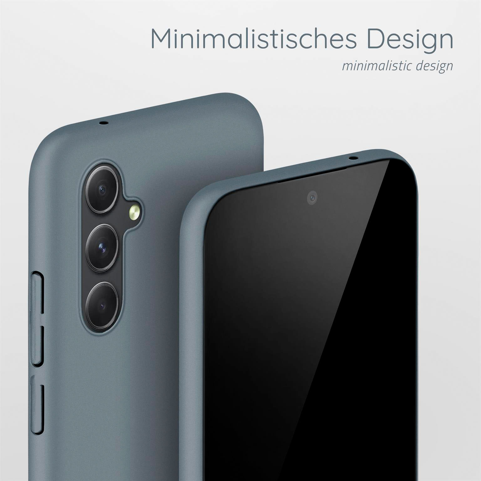 Zwei blaue Handyhüllen, Nahaufnahme. Text: 'Minimalistisches Design'.