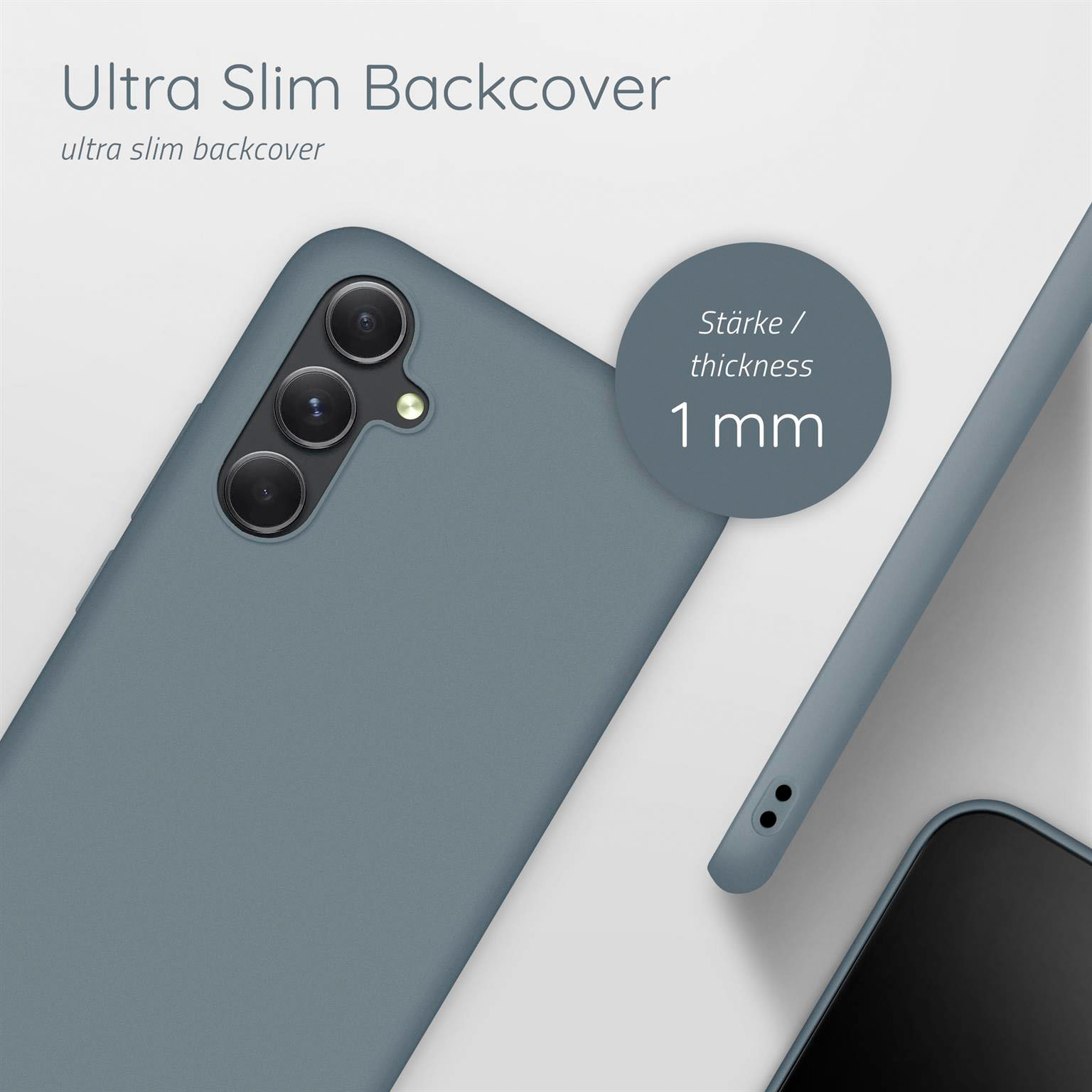 Eine blaue Handyhülle. Die Hülle ist ultra schlank mit einer Dicke von 1 mm. Es ist ein Telefon darin.