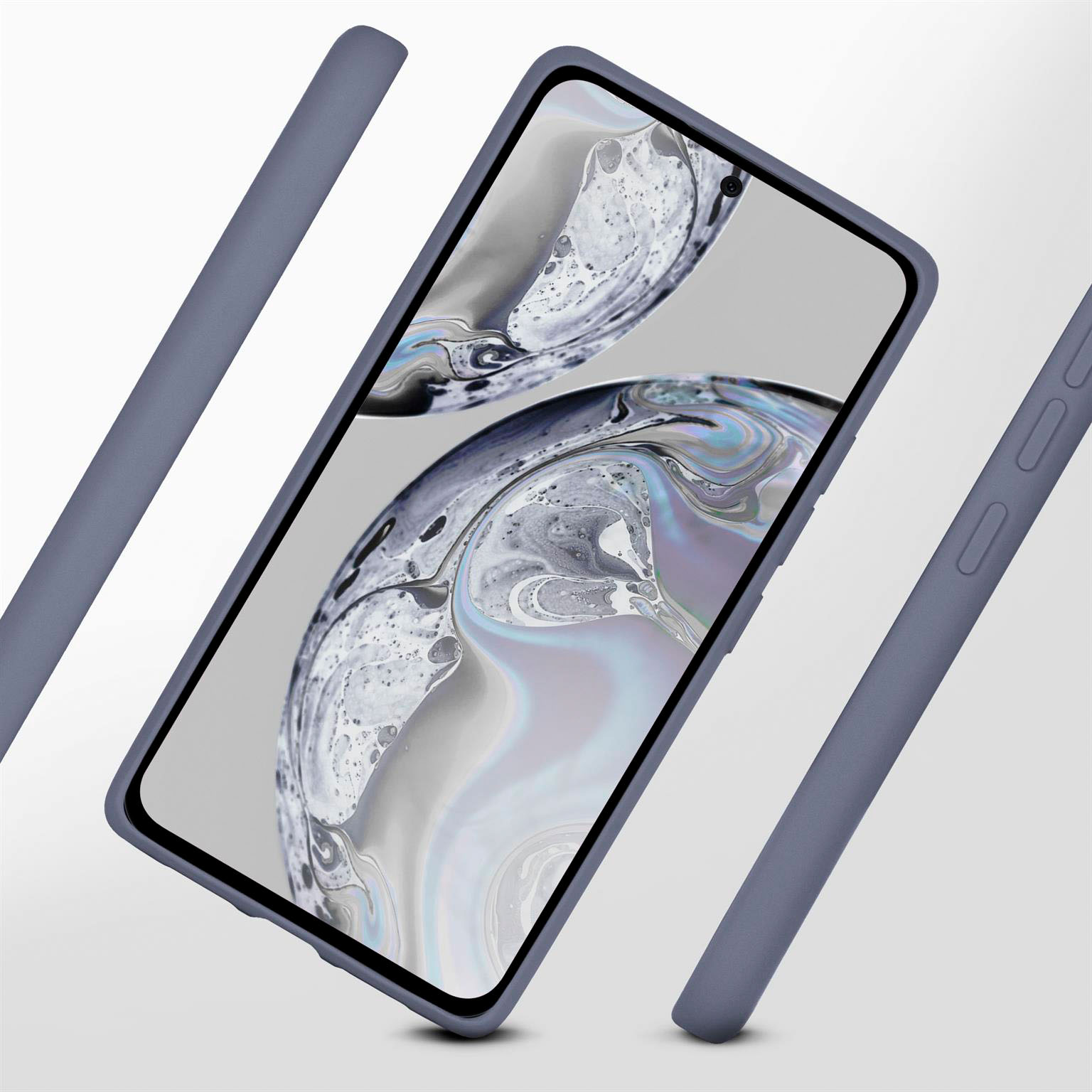 Blaues Telefon in einem Gehäuse mit drei blauen Stützstangen auf weißem Hintergrund. Das Telefon zeigt ein Wirbelmuster.