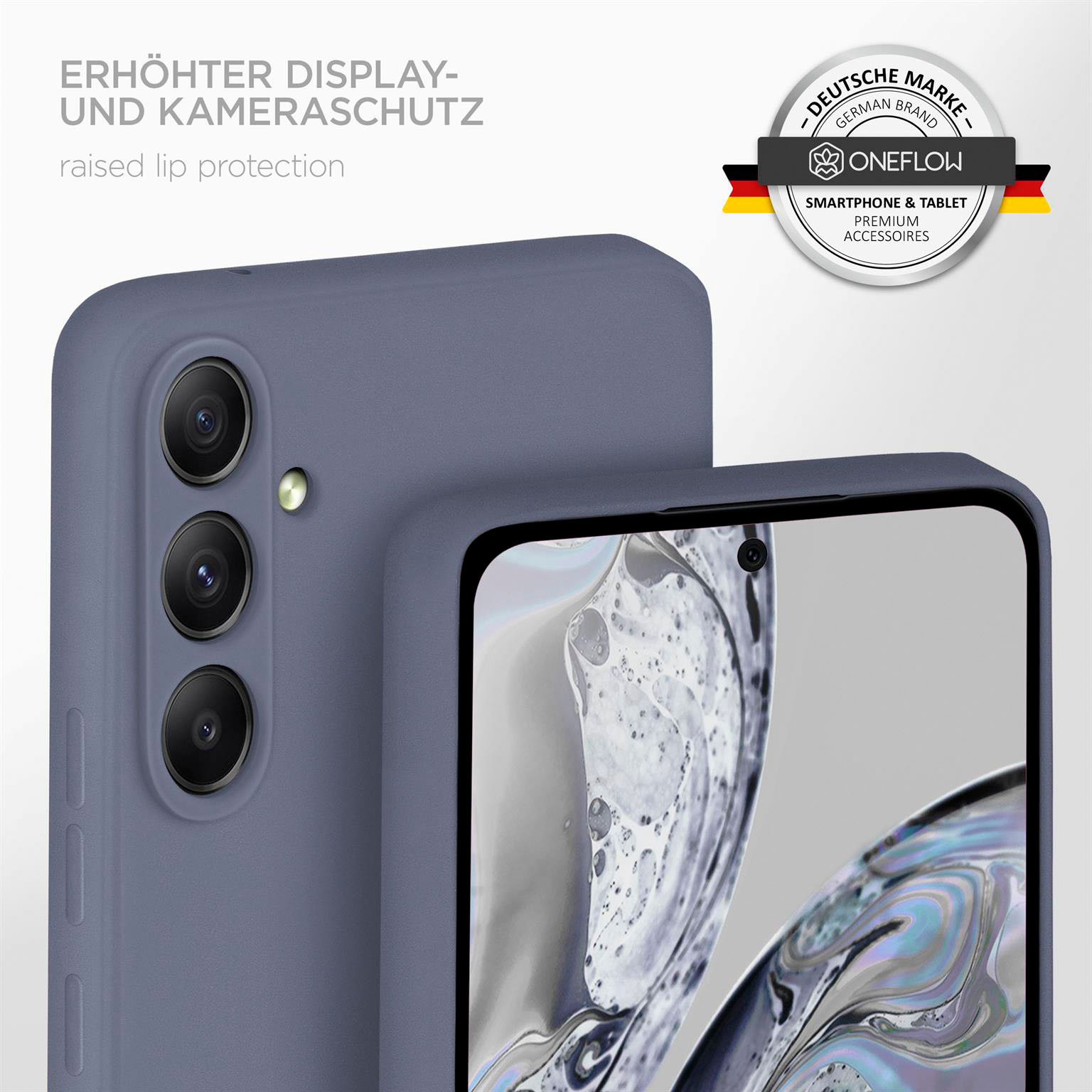 Eine lila Handyhülle mit erhöhtem Kamera- und Displayschutz. Deutsches Markenlogo.