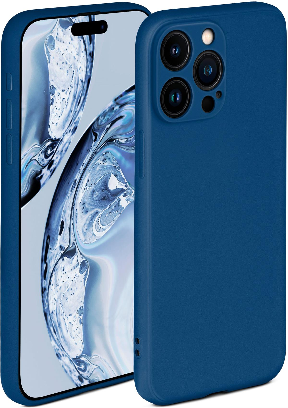 Ein blaues Telefon mit einer blauen Hülle. Der Hintergrund ist abstrakt.