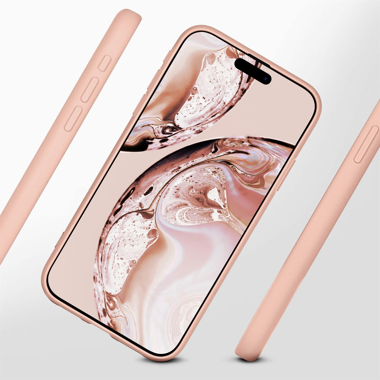 Rosa Telefon mit rosa Hülle und rosa Knöpfen.
