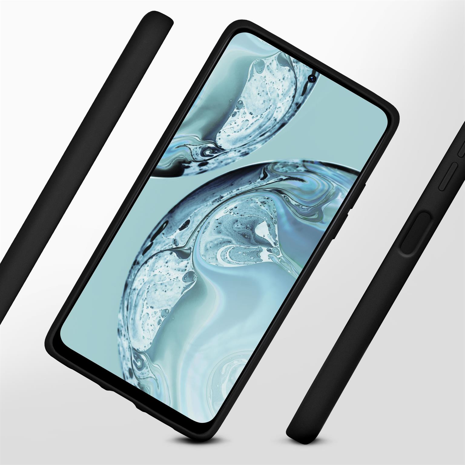 Schwarzes Telefon in schwarzer Hülle. Das Telefon ist geneigt. Es gibt zwei gebogene schwarze Stäbe.