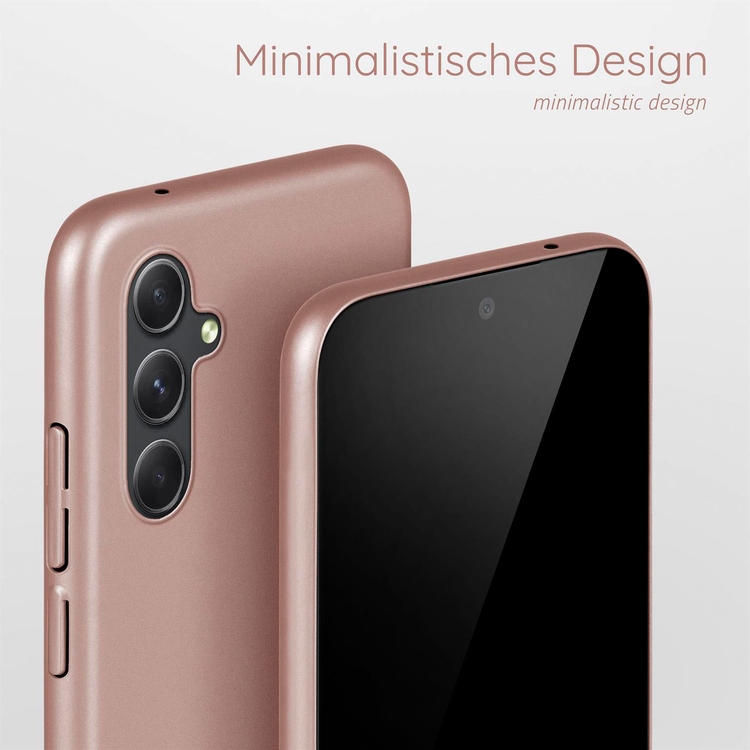 Zwei roségoldene Telefone mit einer Hülle. Die Hülle befindet sich auf der linken Seite des Telefons. Der Hintergrund ist weiß.