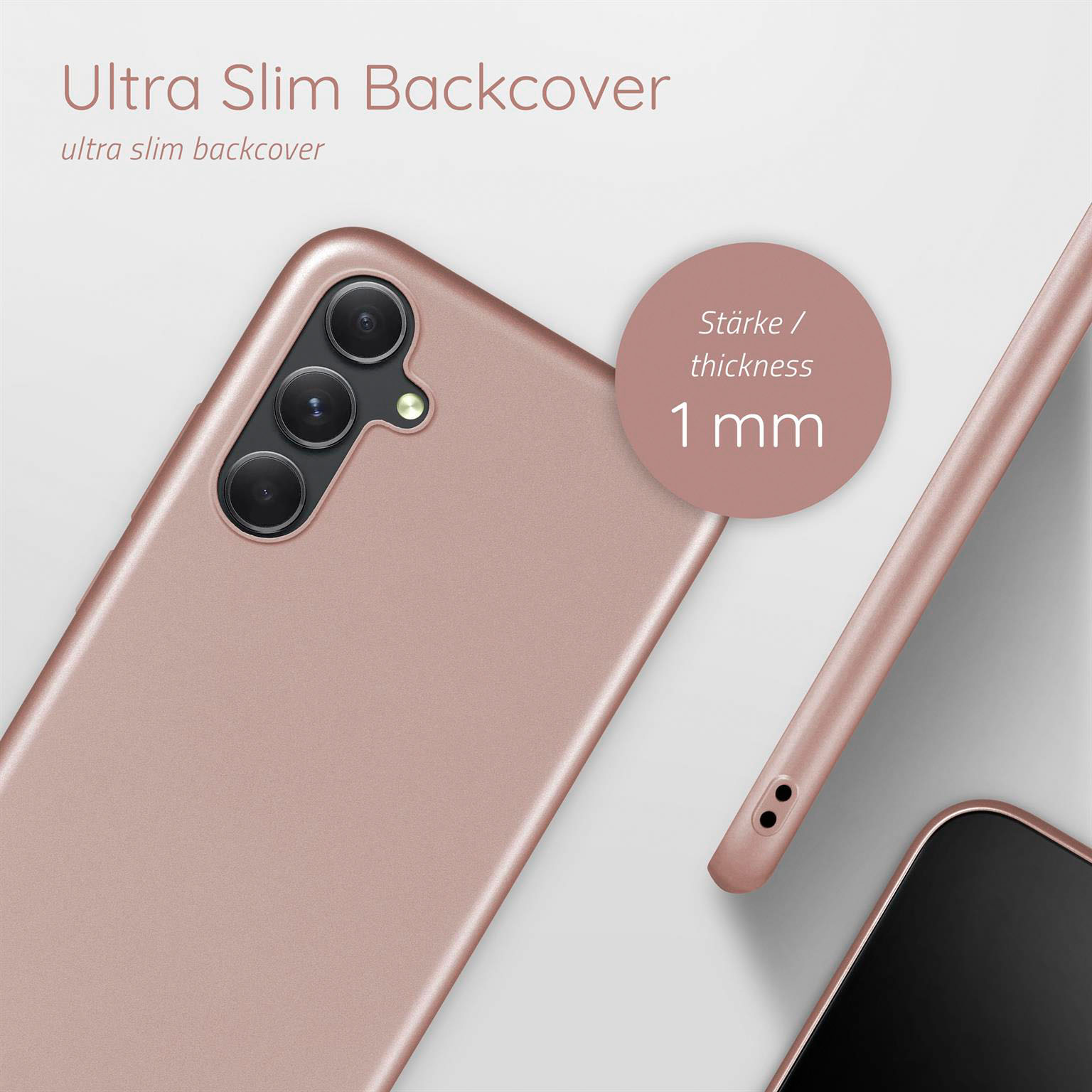Nahaufnahme einer Handyhülle mit 3 Kameralöchern. Die Hülle ist roségoldfarben, 1 mm dick.