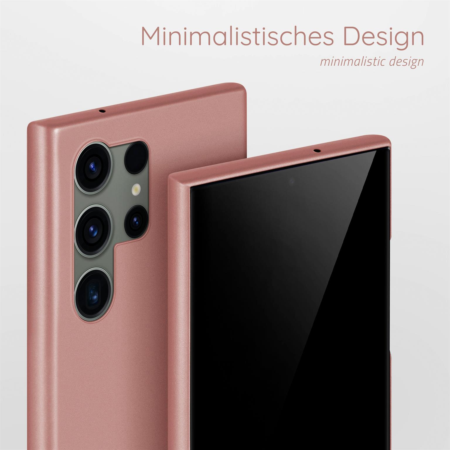 Zwei Telefone, eins in roségoldener Hülle. Das rechte Telefon hat sichtbaren, schwarzen Bildschirm.