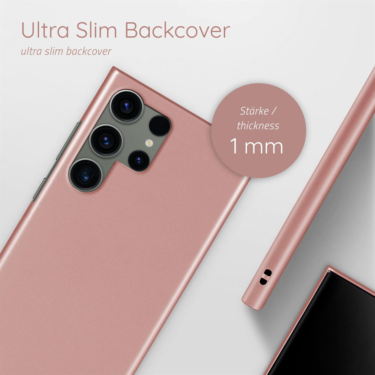 Rosafarbene Handyhülle mit Telefon. Text: Ultra Slim Backcover, 1 mm Dicke.