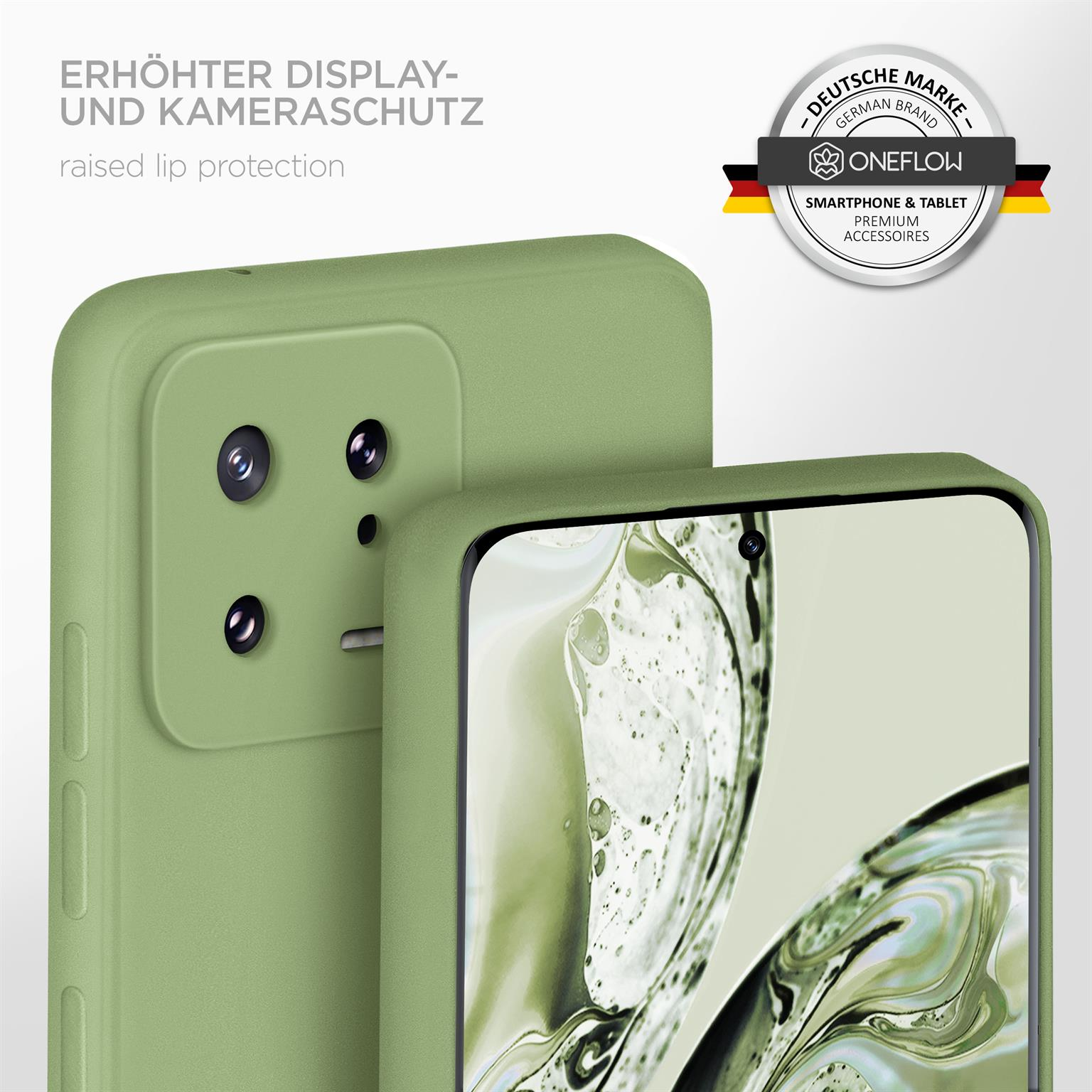 Zwei grüne Handyhüllen, eine bedeckt ein Telefon. Text: erhöhter Display- und Kameraschutz. Logo: Oneflow.