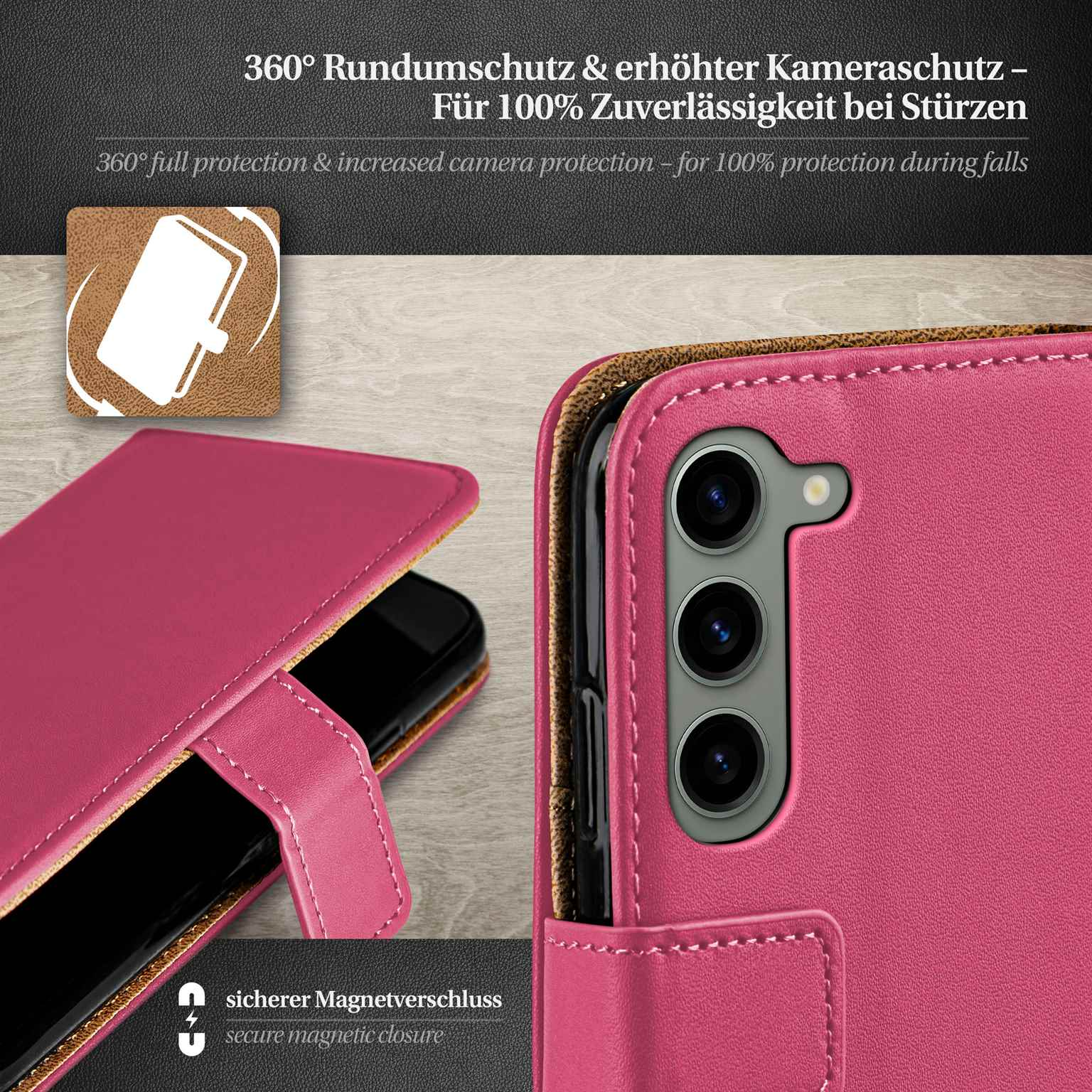 Eine pinkfarbene Handyhülle ist mit einem Telefon darin geöffnet. Die Hülle hat einen Magnetverschluss. Text auf Deutsch und Englisch.