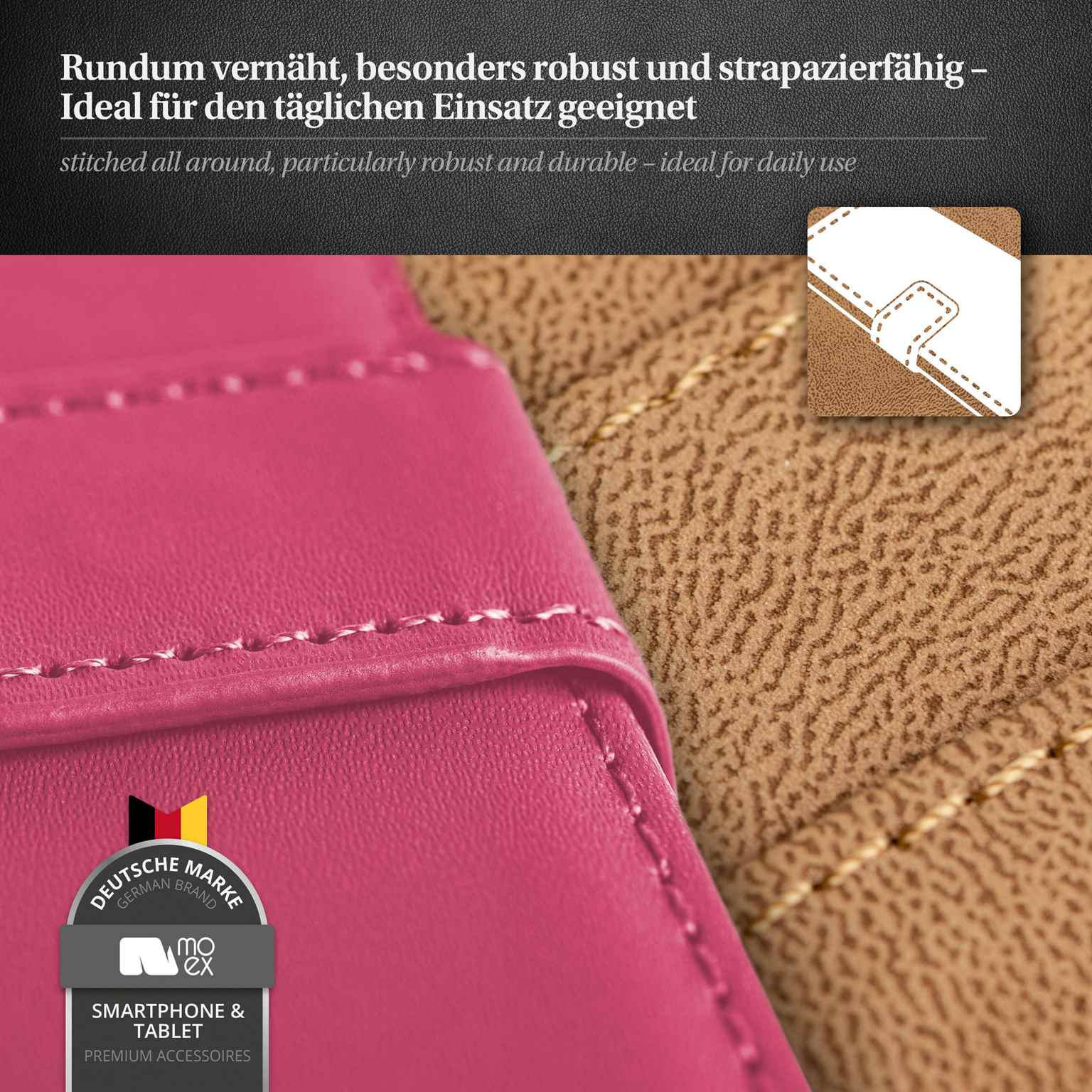 Pinkes Handyhüllen-Detail. Brauner Hintergrund mit deutschem Markenlogo. Genähte Kanten.