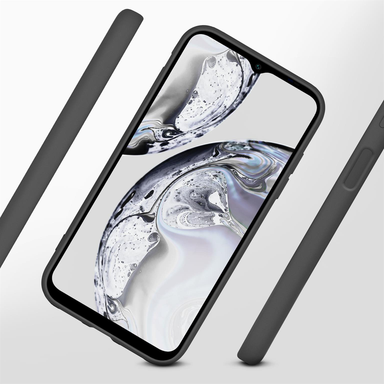 Schwarze Handyhülle um ein Telefon. Andere schwarze Objekte auf weißem Hintergrund.