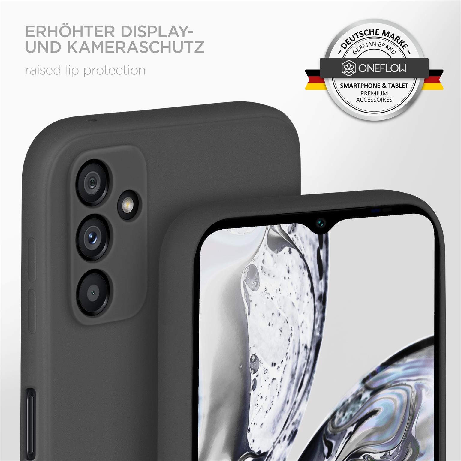 Eine graue Handyhülle schützt die Kamera und das Display eines Telefons. Die Hülle hat erhöhte Kanten.
