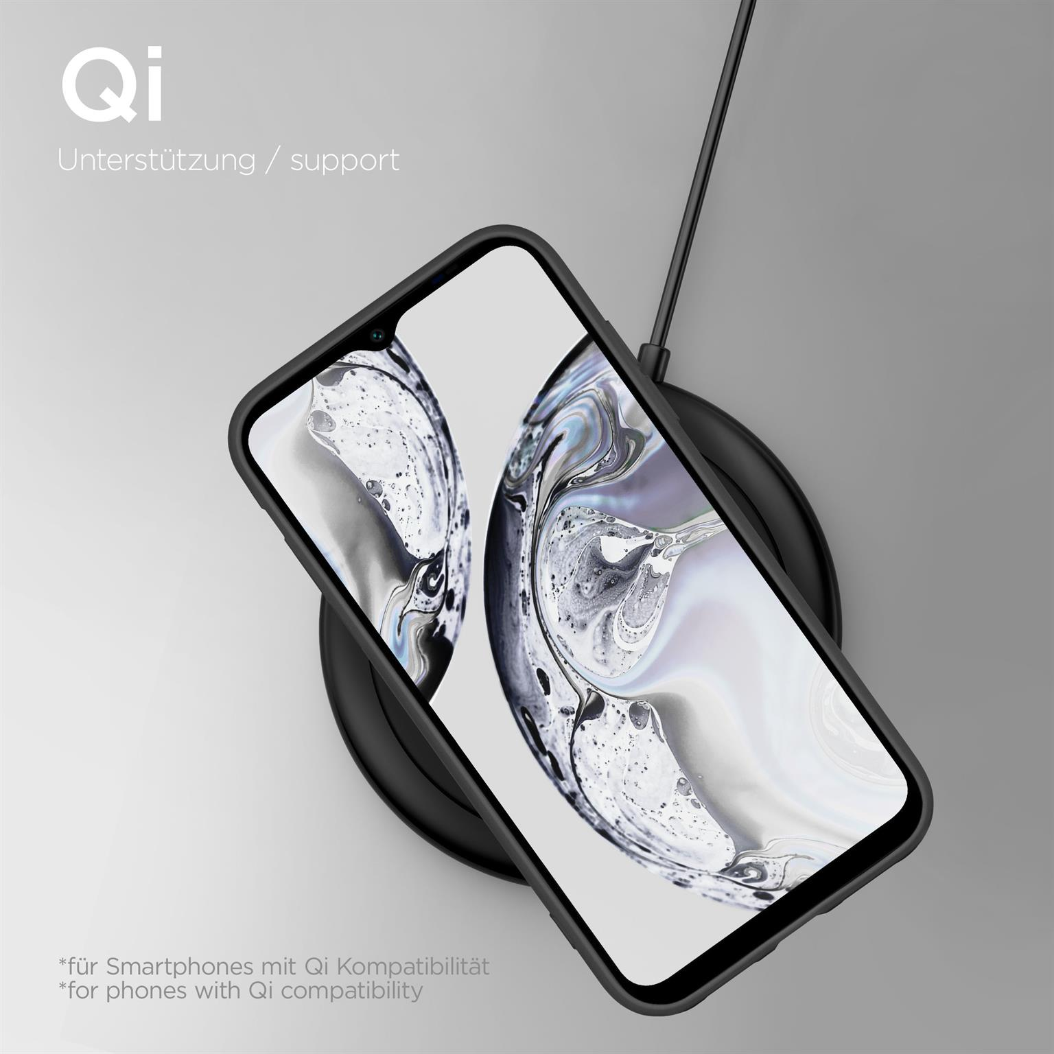 Ein Telefon auf einem kabellosen Ladegerät mit Bildschirm. Das Telefon ist in einer schwarzen Hülle.
