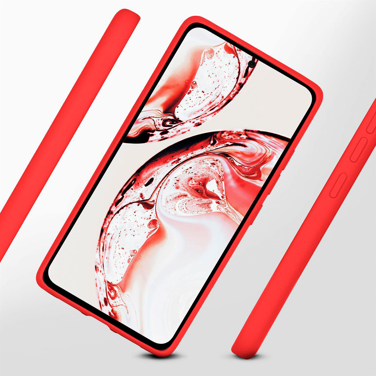 Eine rote Handyhülle mit einem Telefon darin, isoliert auf weißem Hintergrund.