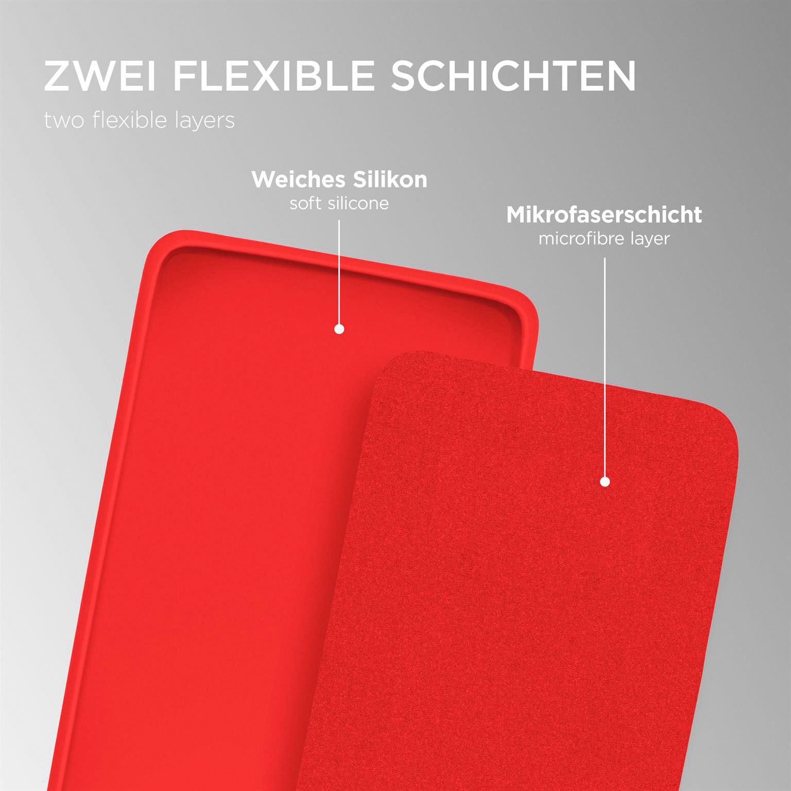 Rote Handyhüllen-Schichten: weiches Silikon und Mikrofaser. Weißer Text hebt die Merkmale hervor. Grauer Hintergrund.