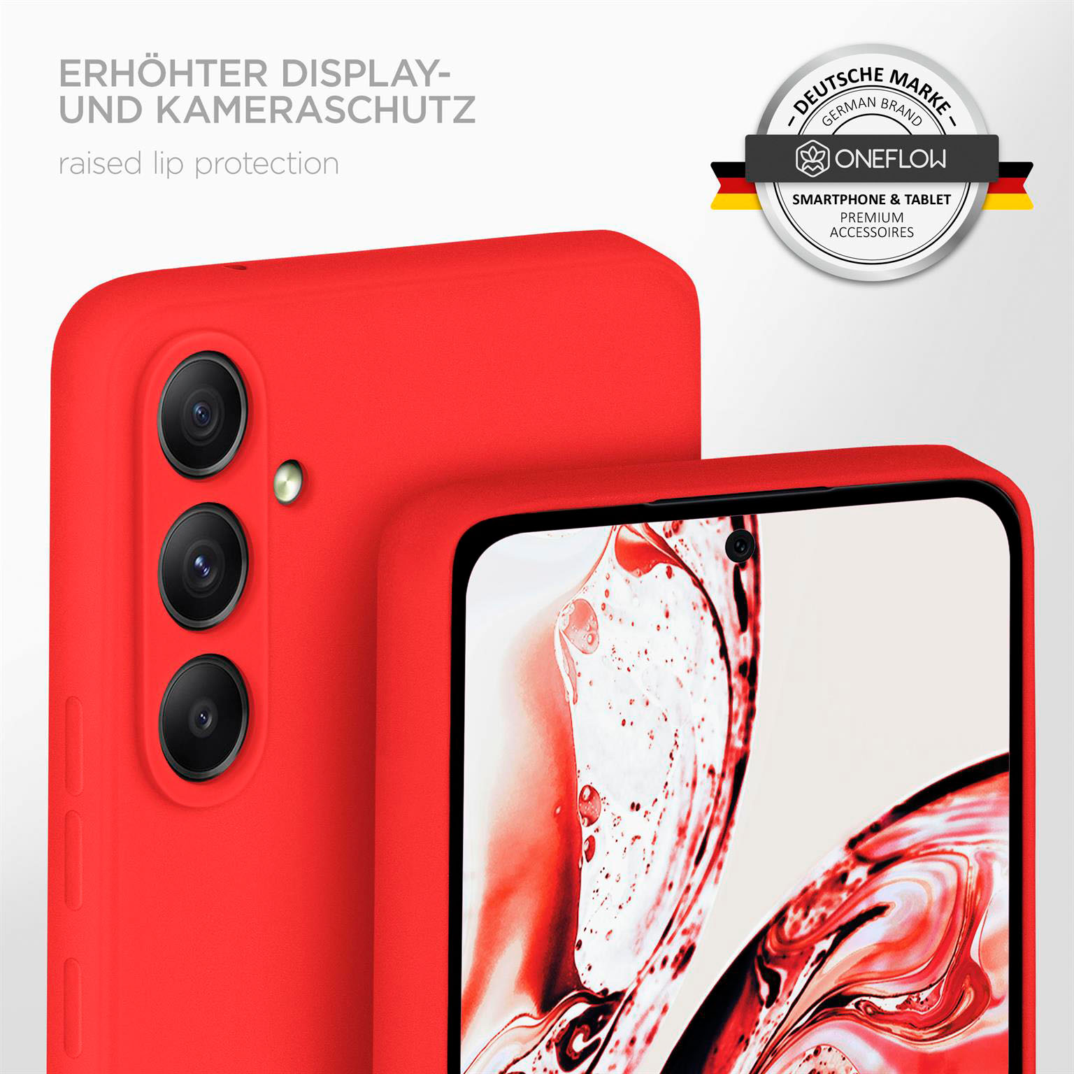 Eine rote Handyhülle auf einem roten Telefon. Die Hülle hat eine erhöhte Kante.
