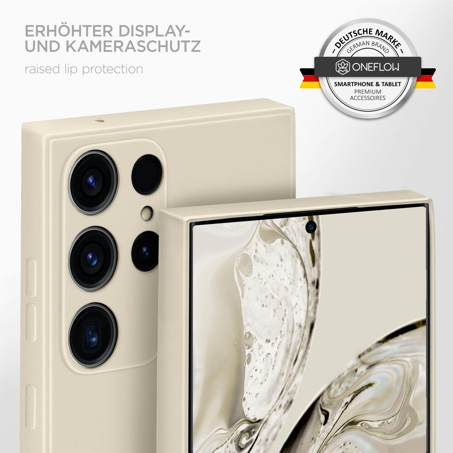 Eine beige Handyhülle und ein Telefon werden mit erhöhtem Lippenschutz gezeigt. Ein deutsches Markenschild ist sichtbar.