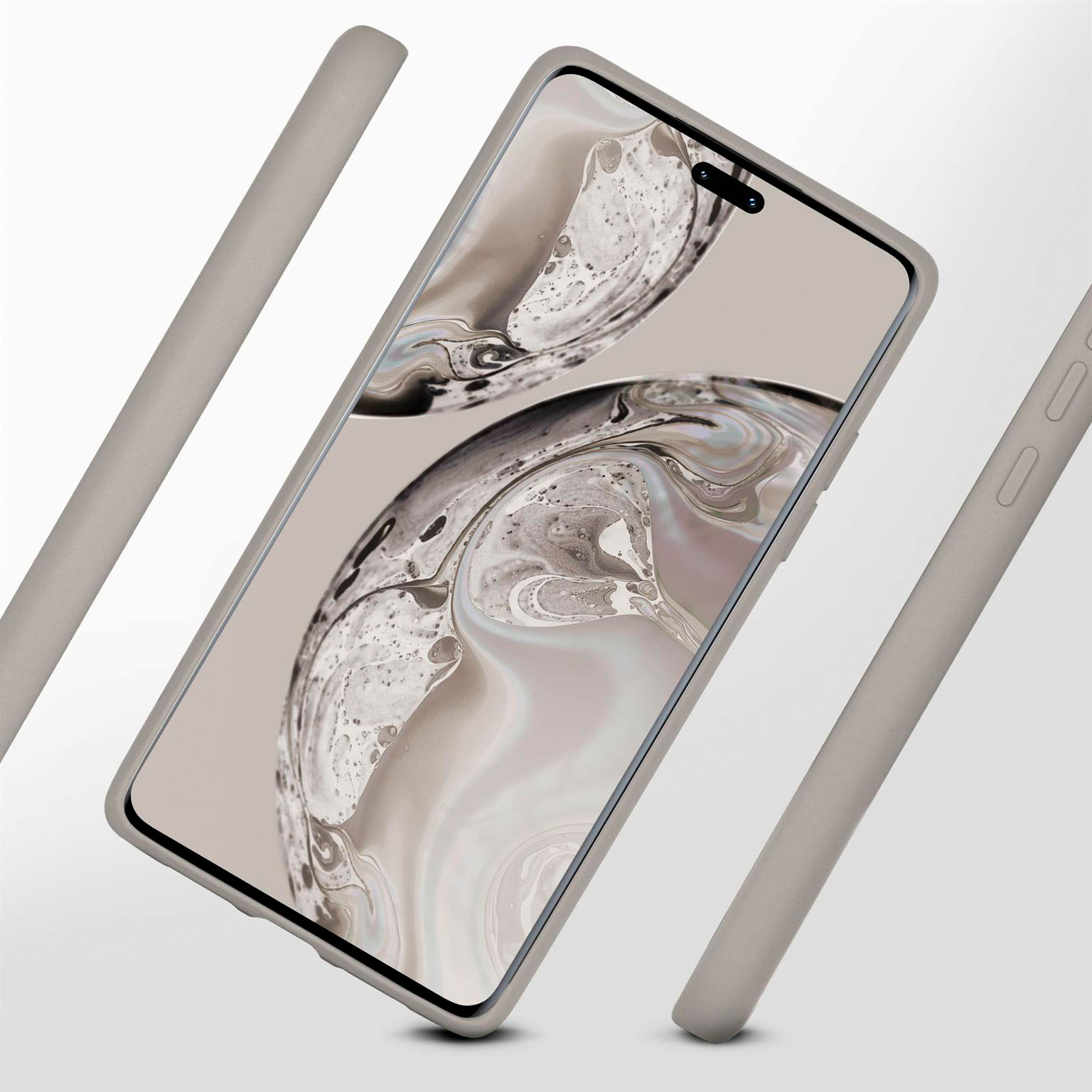 Ein Telefon in einem grauen Gehäuse ist angewinkelt. Drei graue Balken sind um das Telefon positioniert. Der Bildschirm ist sichtbar.