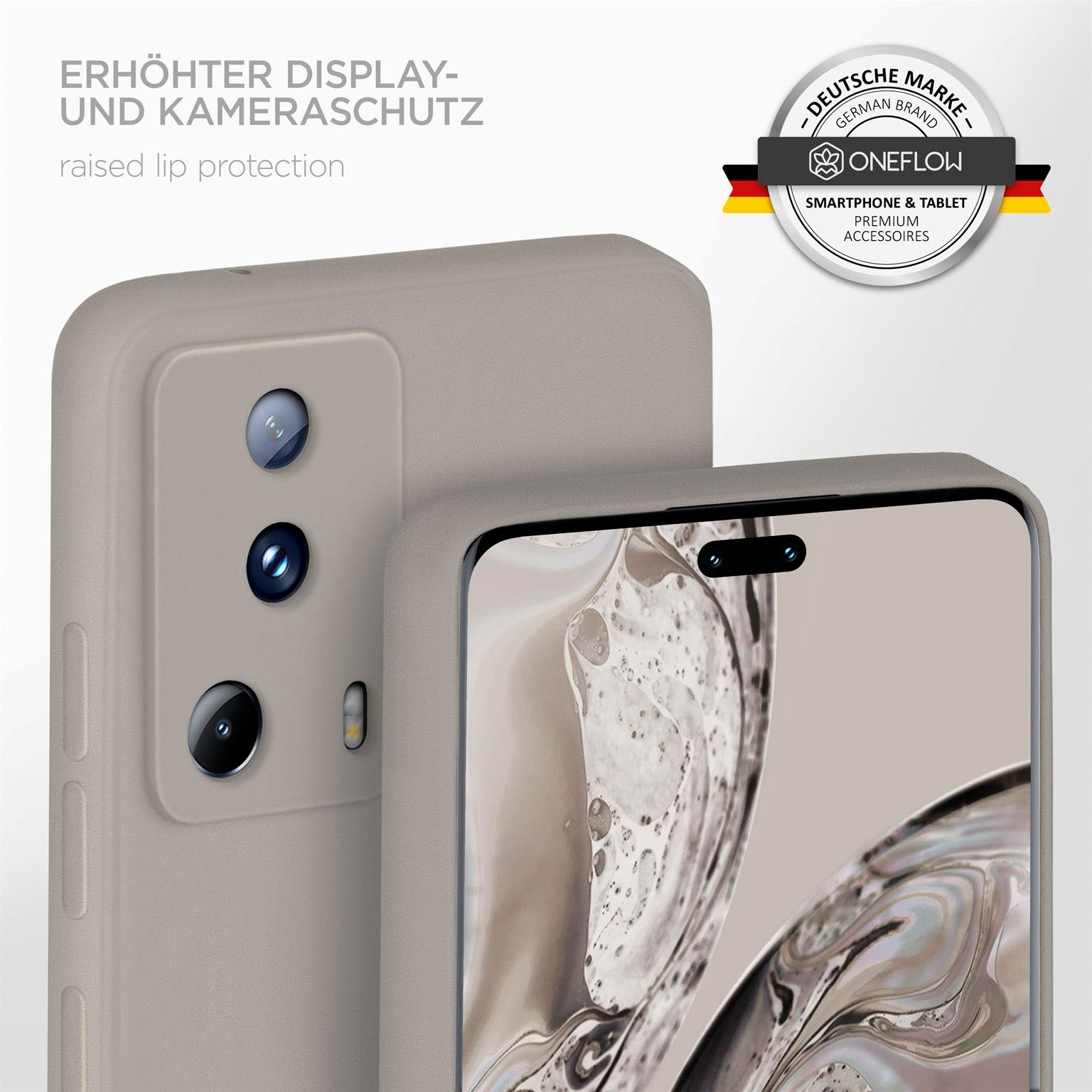 Telefon in grauer Hülle mit sichtbaren Kameralinsen. Erhöhter Lippenschutz.